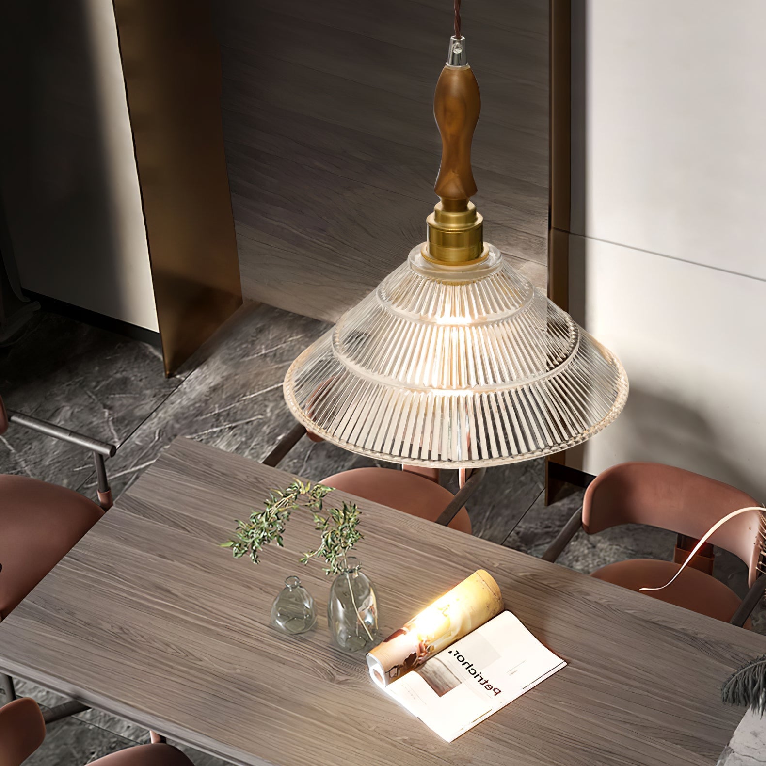 Arcara Vintage Ripple Glass Wood Pendant Lamp-Neutral Decor