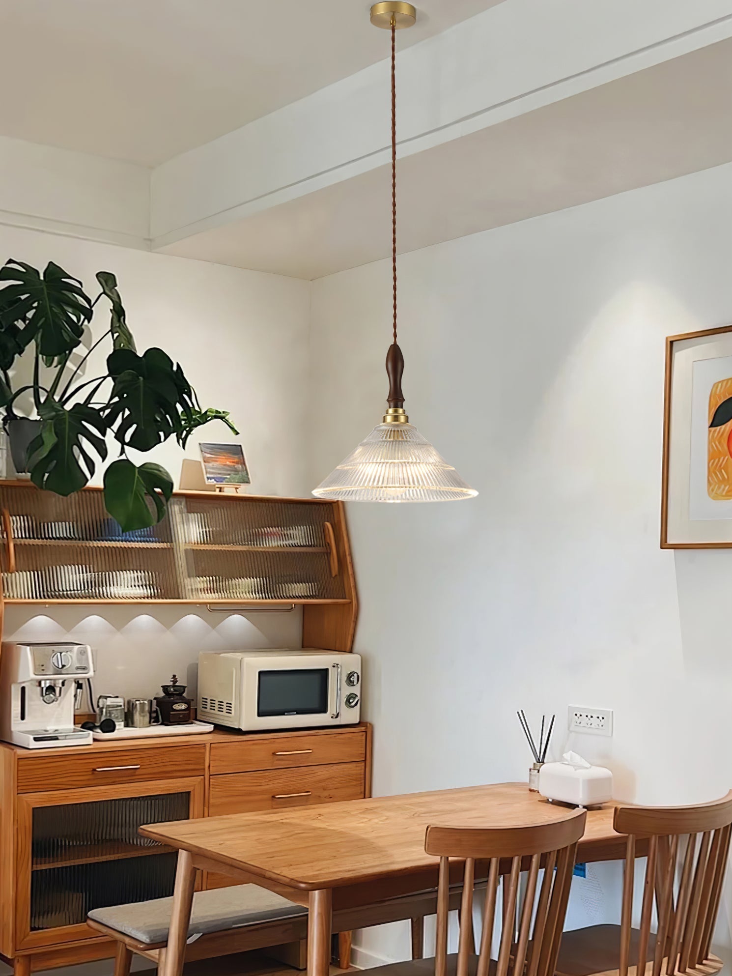 Arcara Vintage Ripple Glass Wood Pendant Lamp-Neutral Decor