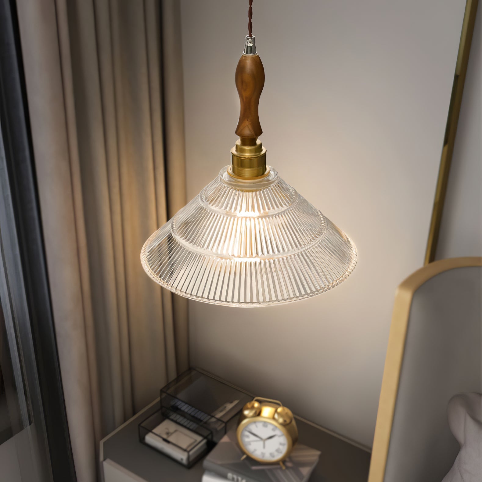 Arcara Vintage Ripple Glass Wood Pendant Lamp-Neutral Decor