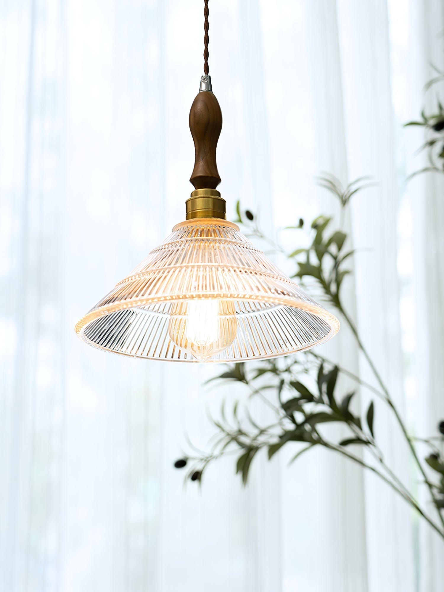 Arcara Vintage Ripple Glass Wood Pendant Lamp-Neutral Decor