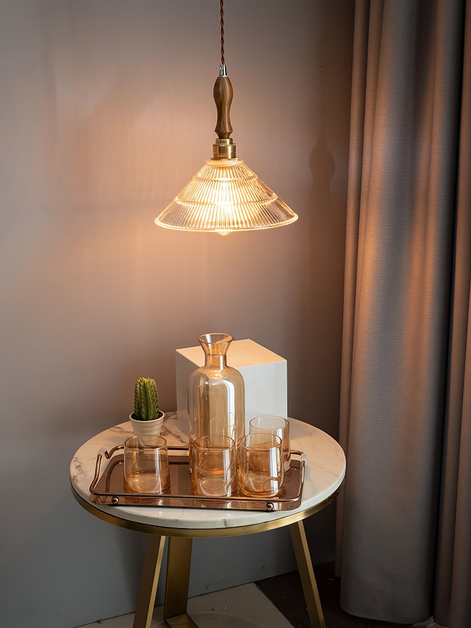 Arcara Vintage Ripple Glass Wood Pendant Lamp-Neutral Decor