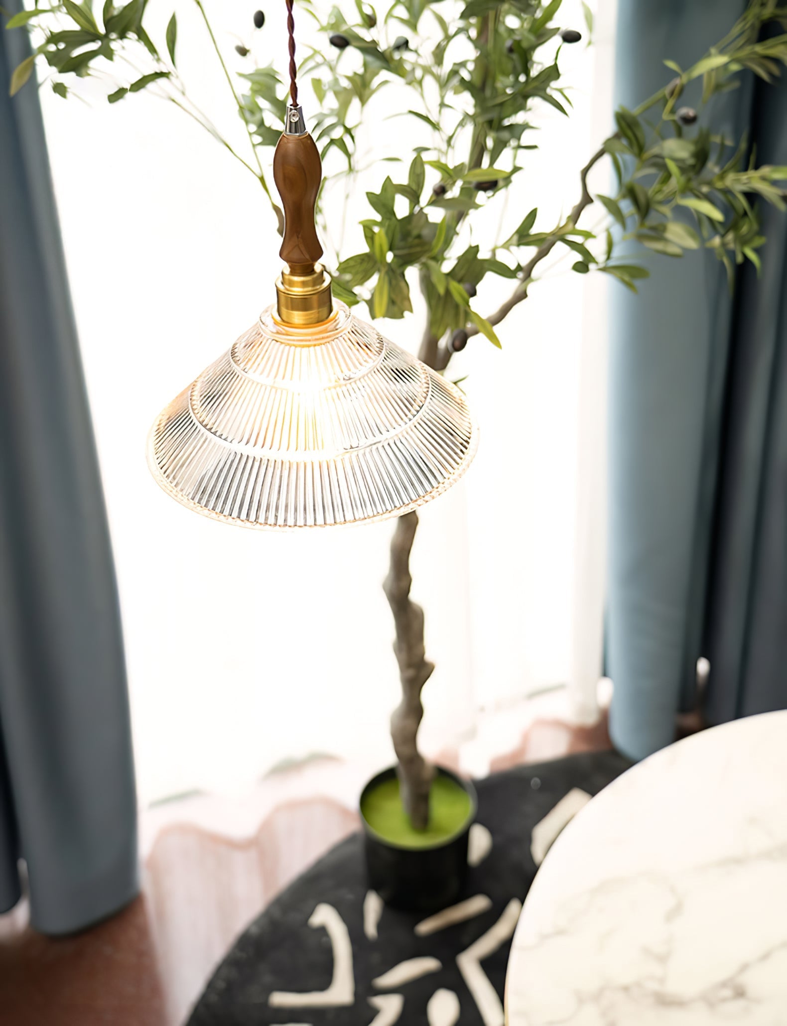 Arcara Vintage Ripple Glass Wood Pendant Lamp-Neutral Decor