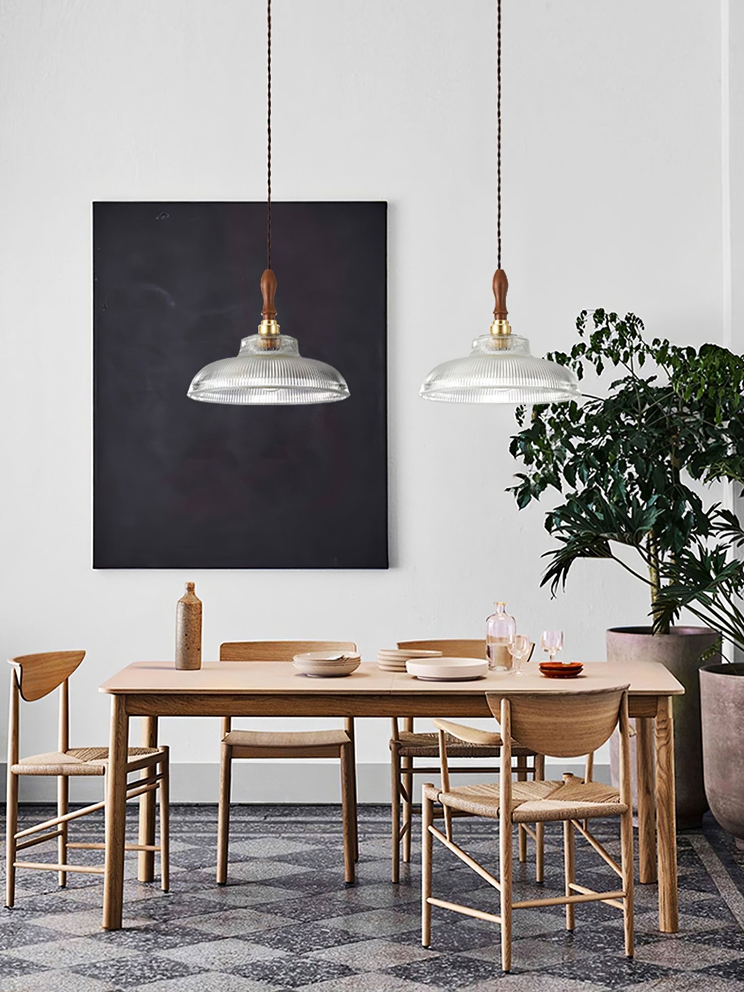 Arcara Vintage Ripple Glass Wood Pendant Lamp-Neutral Decor