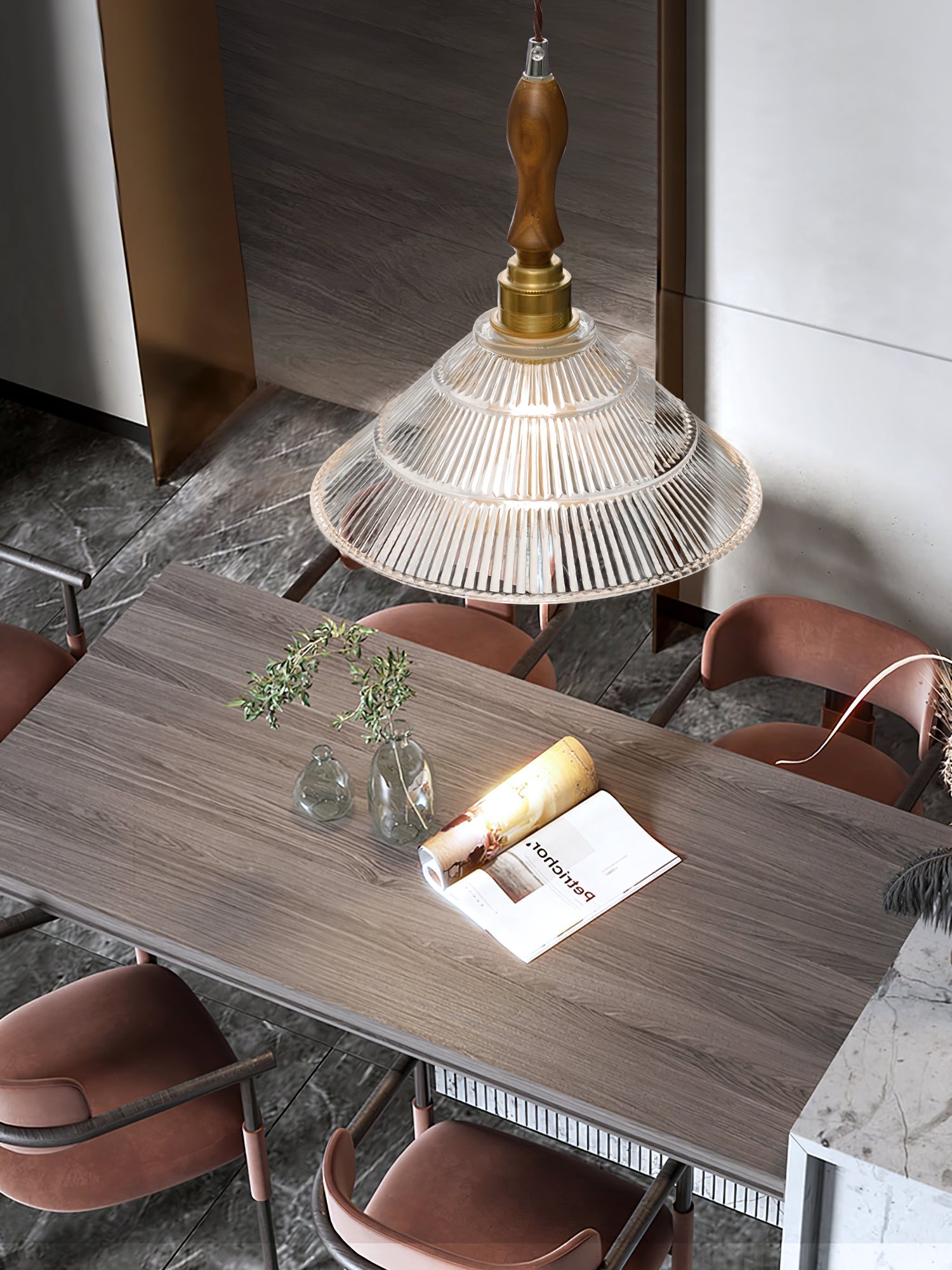 Arcara Vintage Ripple Glass Wood Pendant Lamp-Neutral Decor
