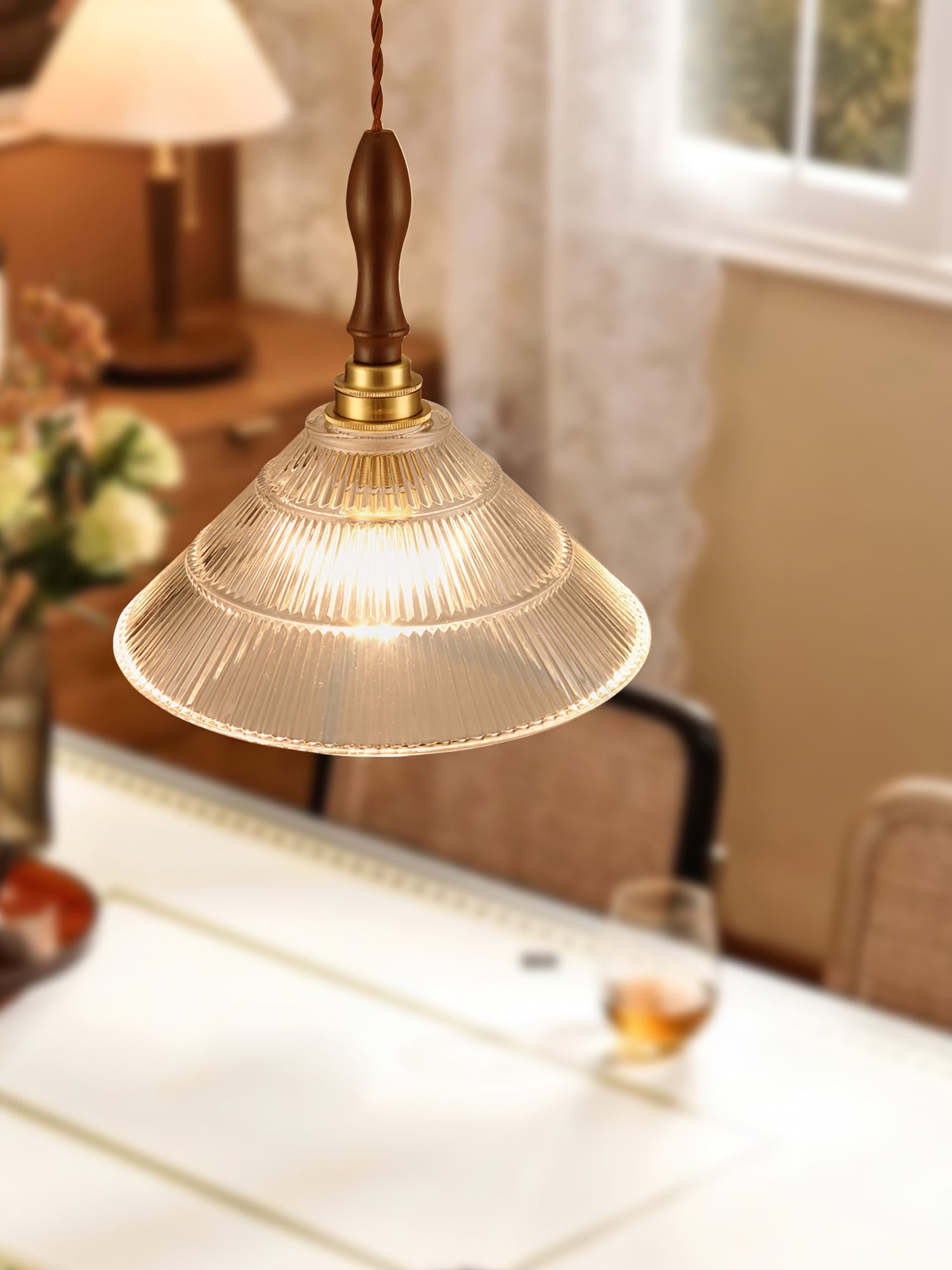 Arcara Vintage Ripple Glass Wood Pendant Lamp-Neutral Decor