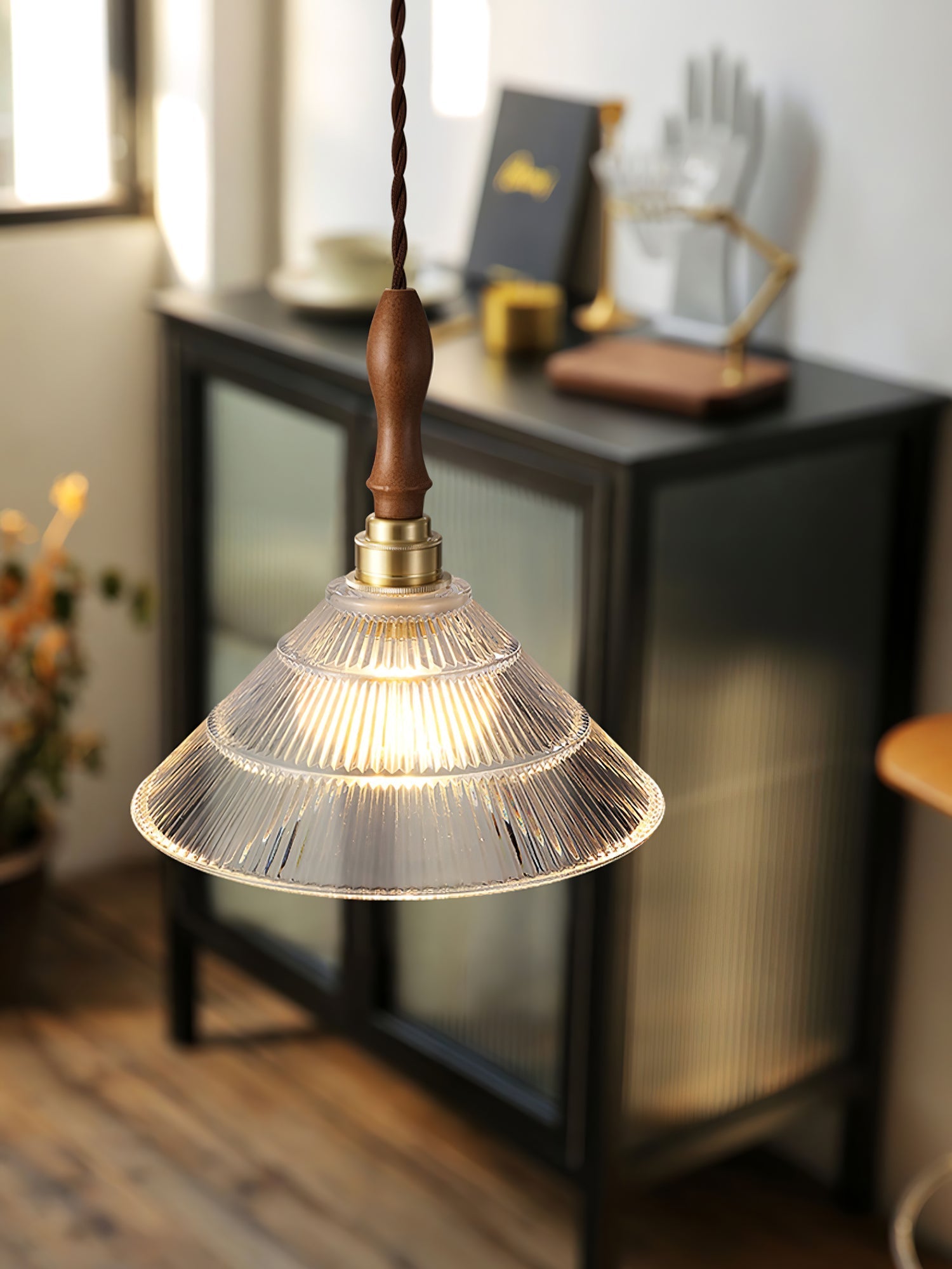 Arcara Vintage Ripple Glass Wood Pendant Lamp-Neutral Decor