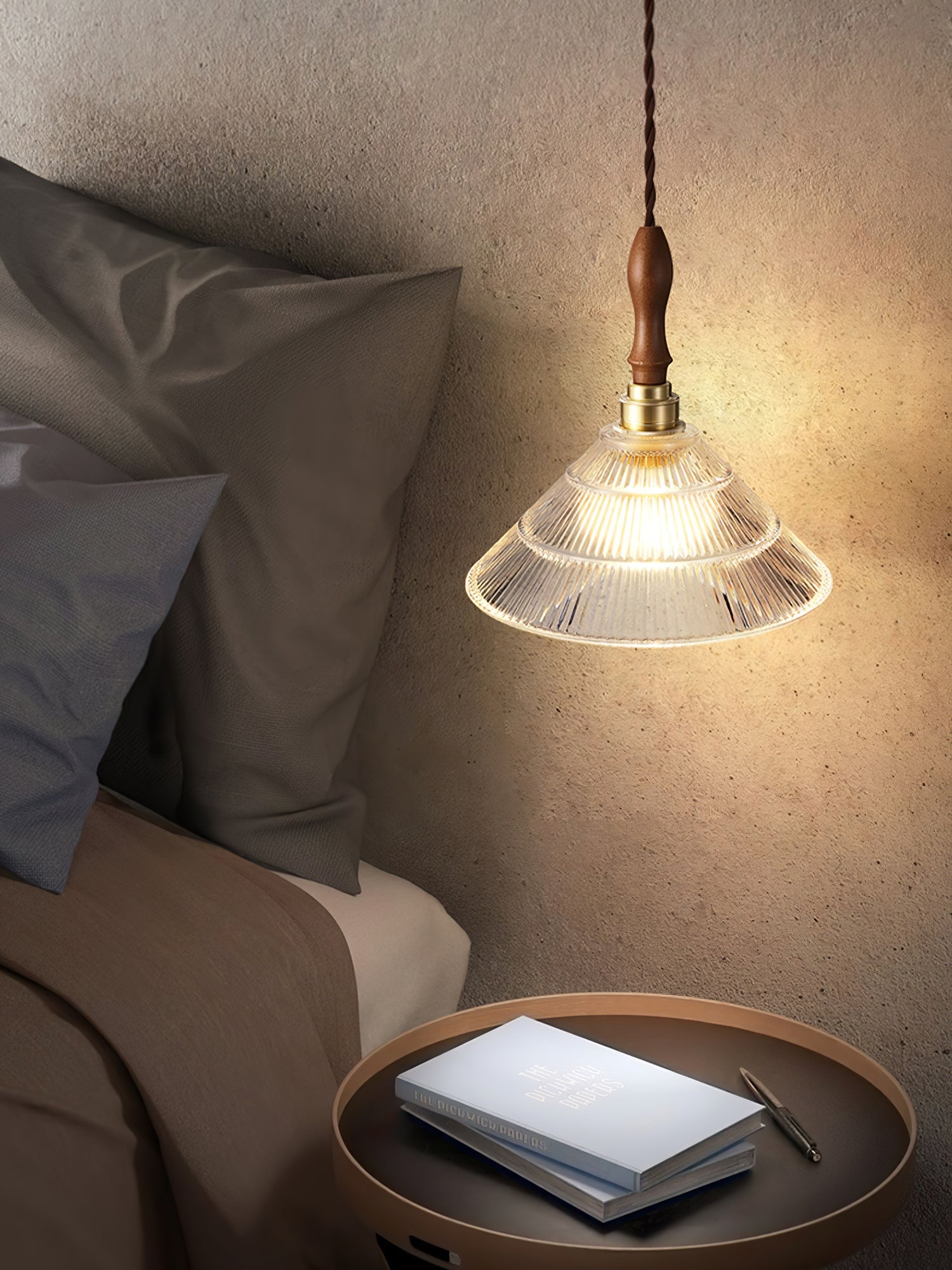 Arcara Vintage Ripple Glass Wood Pendant Lamp-Neutral Decor