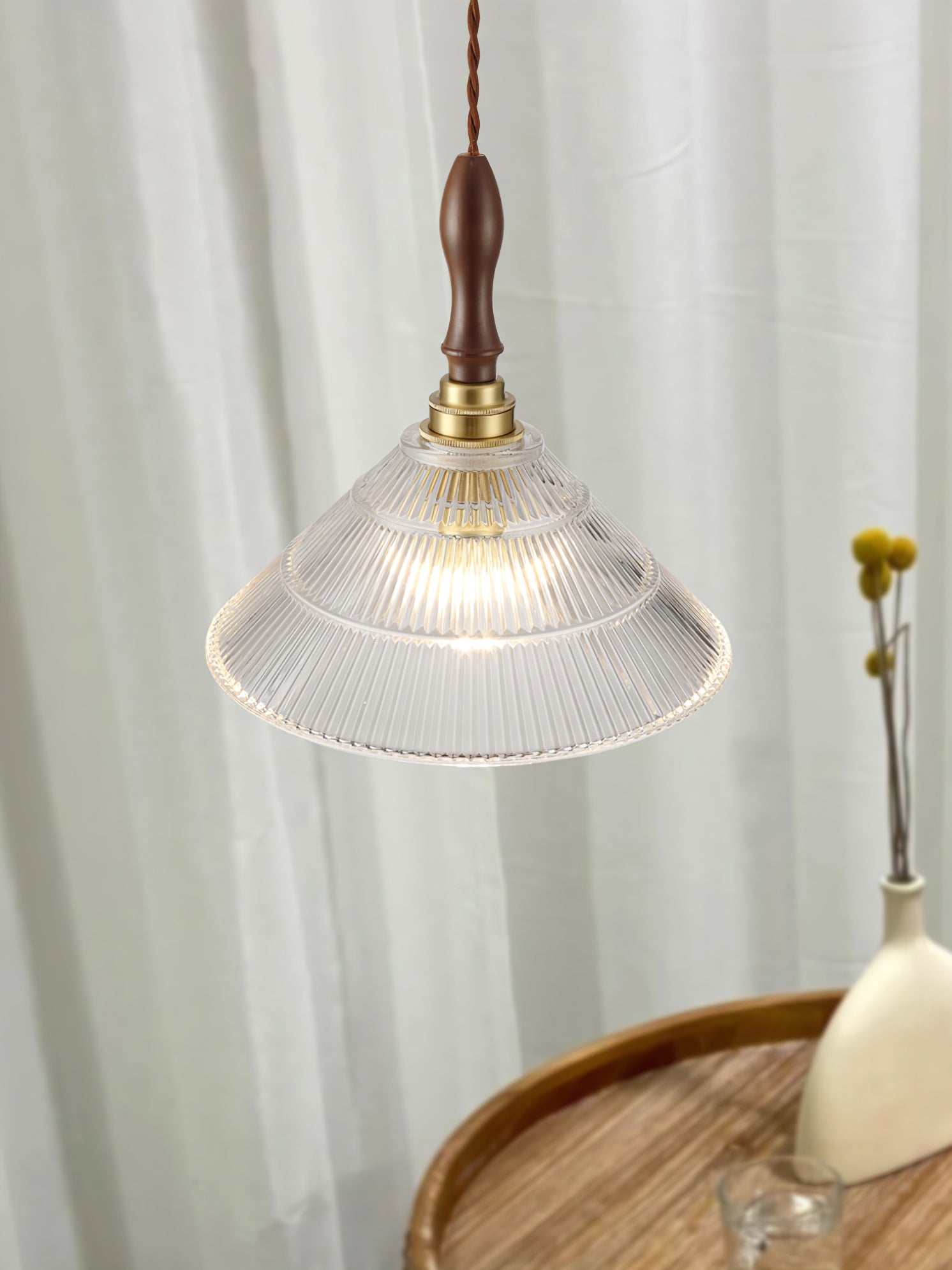 Arcara Vintage Ripple Glass Wood Pendant Lamp-Neutral Decor