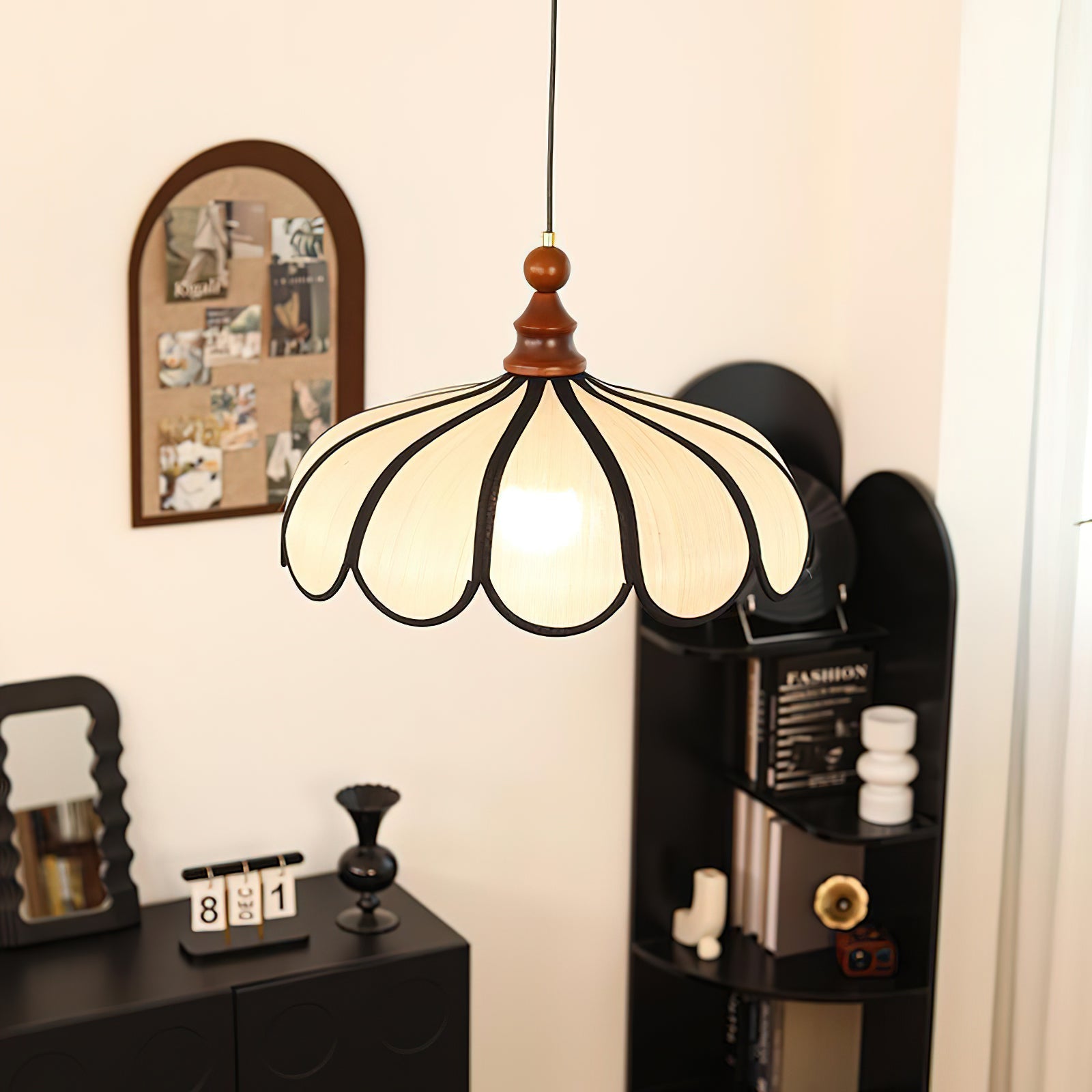 Detail shot of the wooden accent and metal fixture of the Botan Pendant Light.