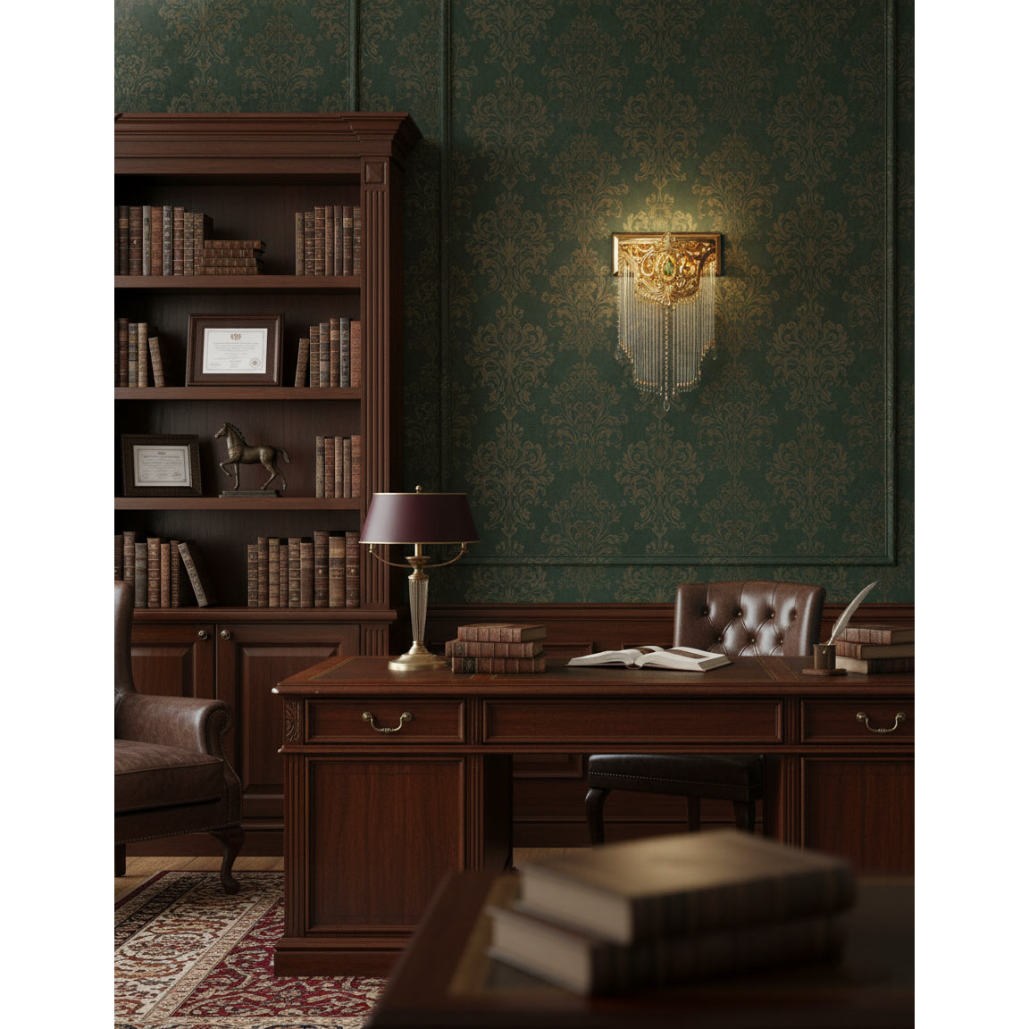 The lamp in a bedroom setting above a nightstand.