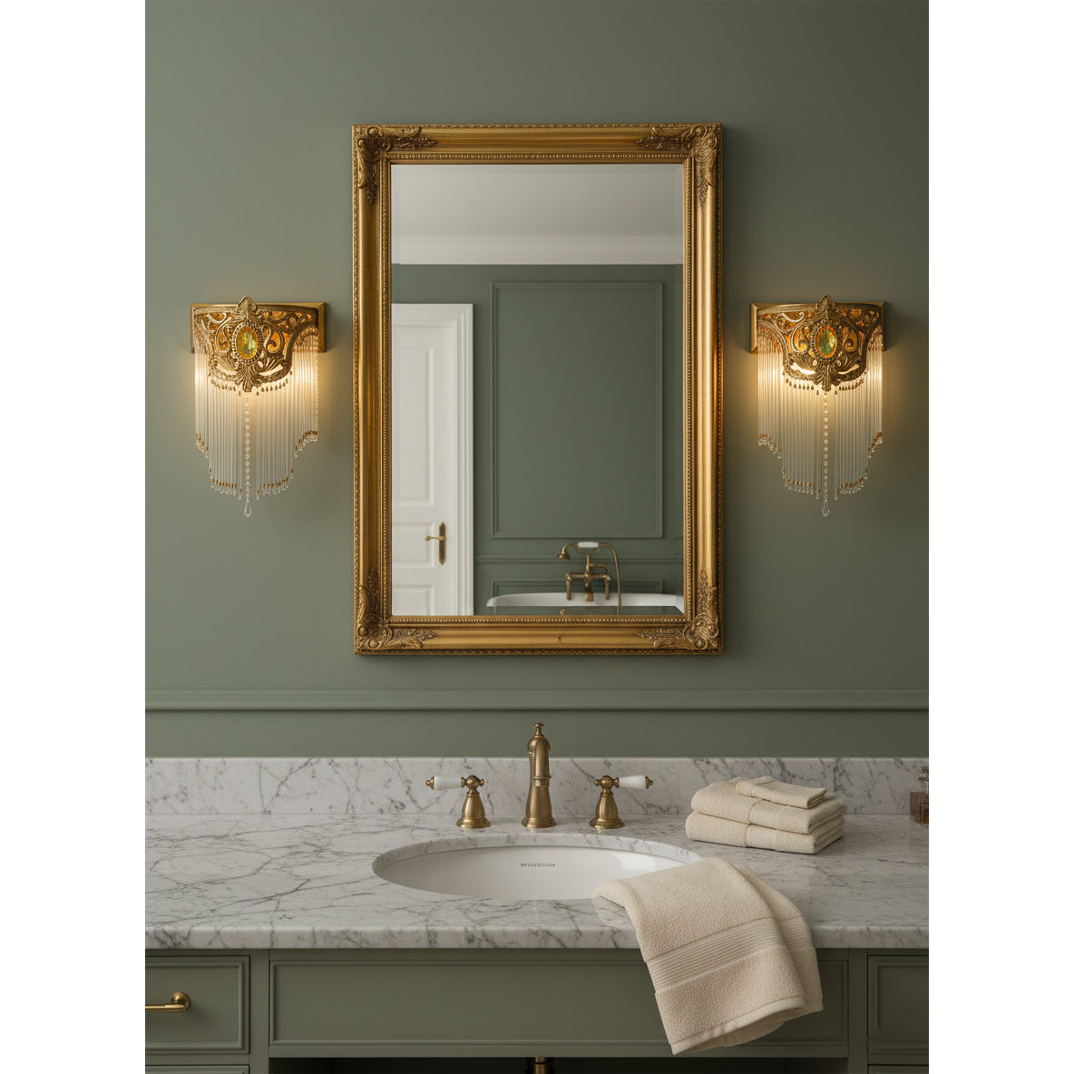A pair of Bow Tie Crystal Wall Lamps flanking a mirror.