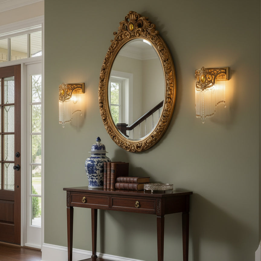 Lifestyle view of the Bow Tie Crystal Wall Lamp in a hallway.