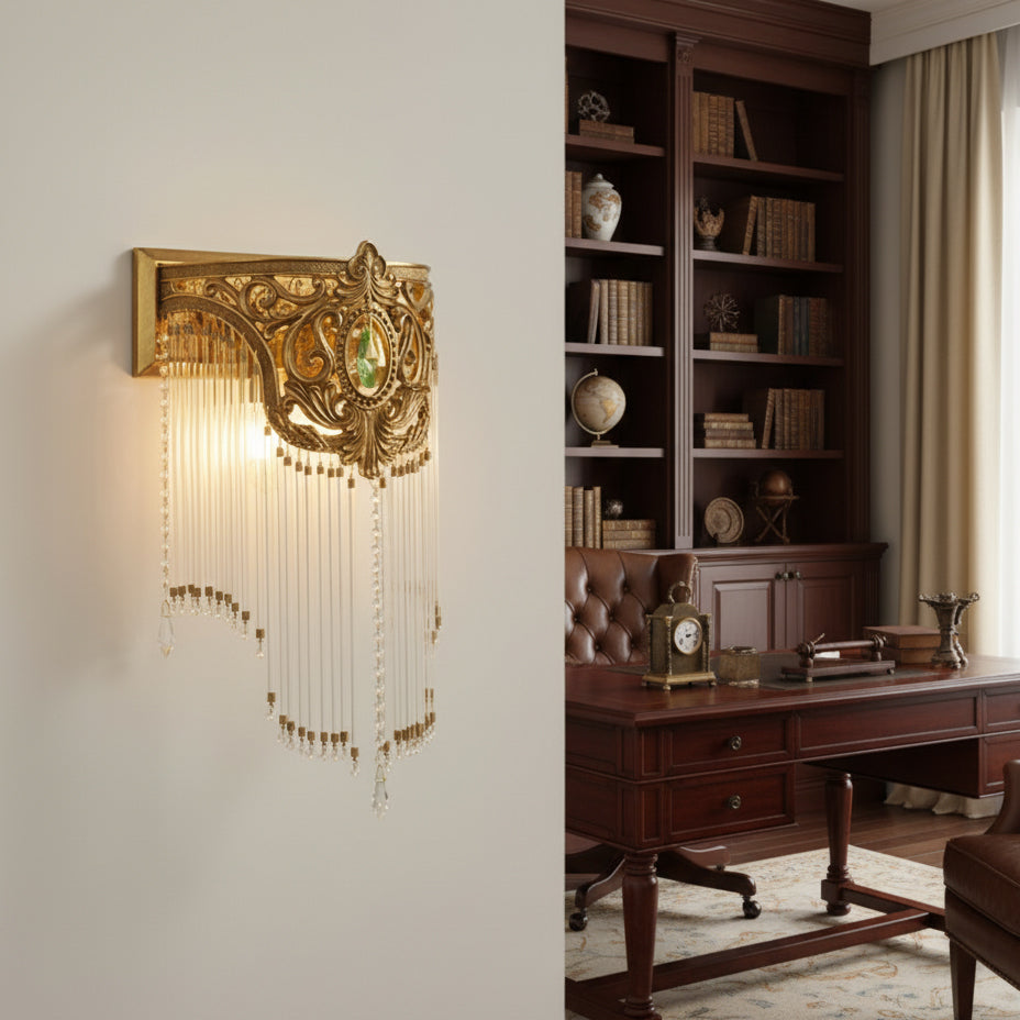 Another angle of the illuminated wall lamp, showing light refraction.