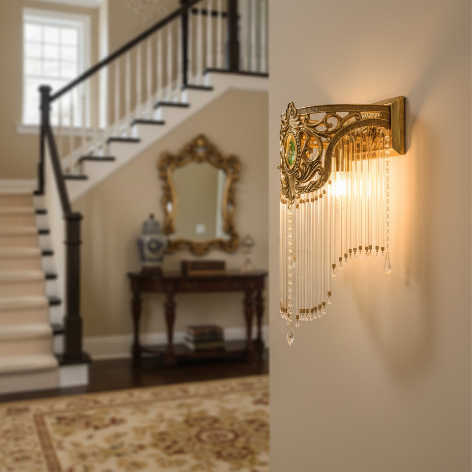 Close-up of the crystal and glass decoration on the Bow Tie Wall Lamp.
