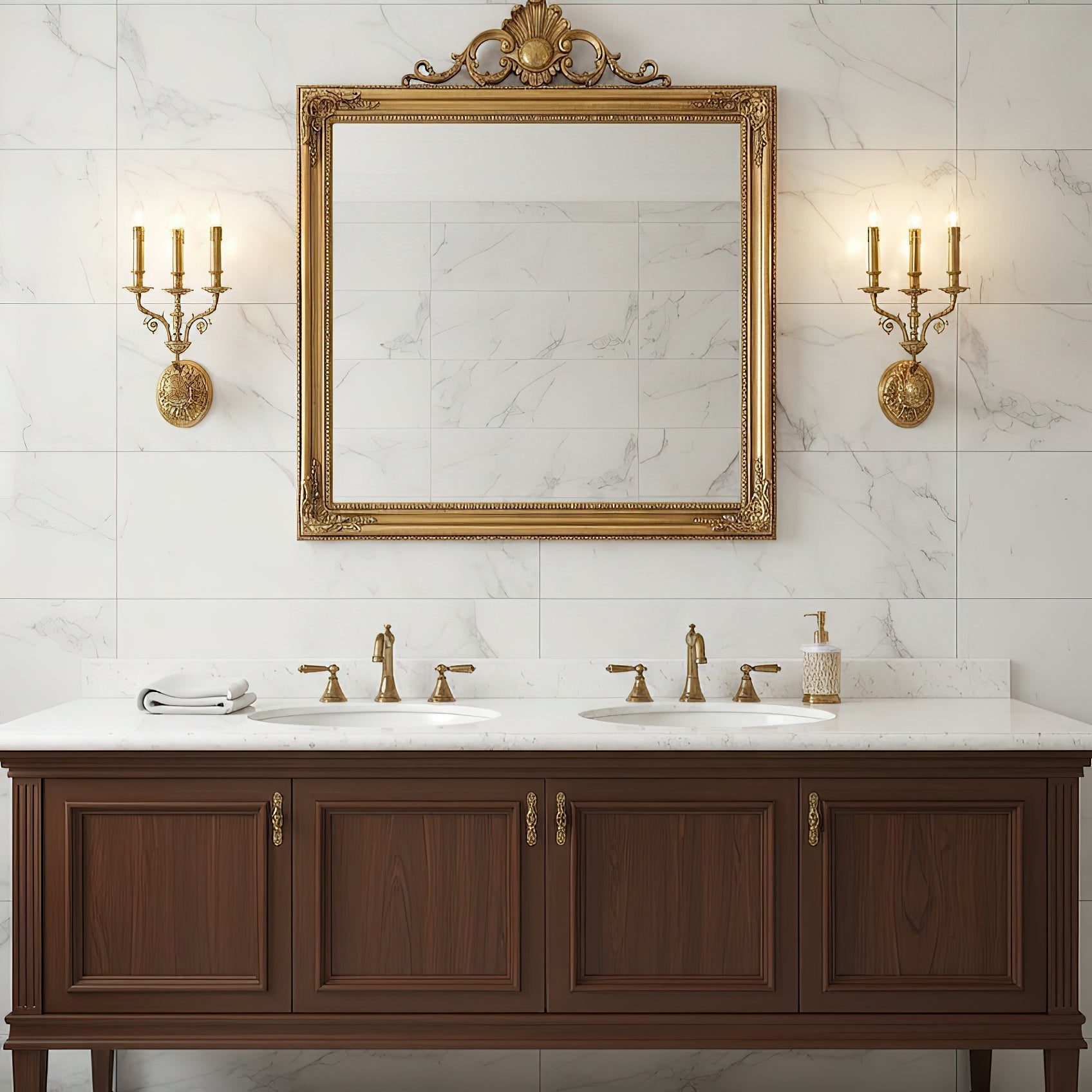The Brad Palace Wall Lamp illuminated in a dark room.