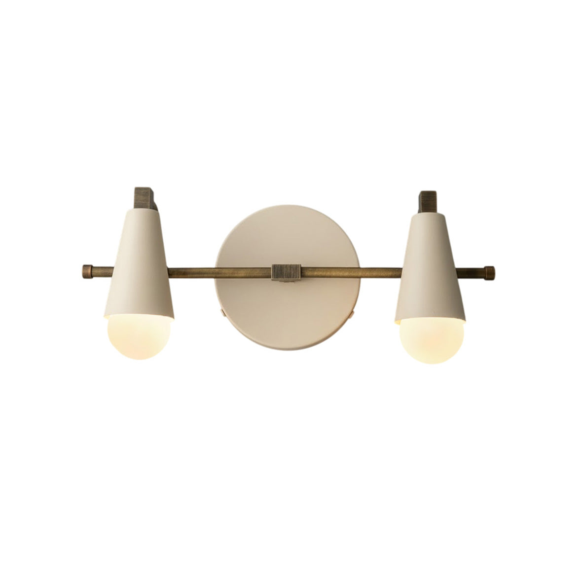Bradley Vanity Wall Lamp with antique brass finish and beige shades.