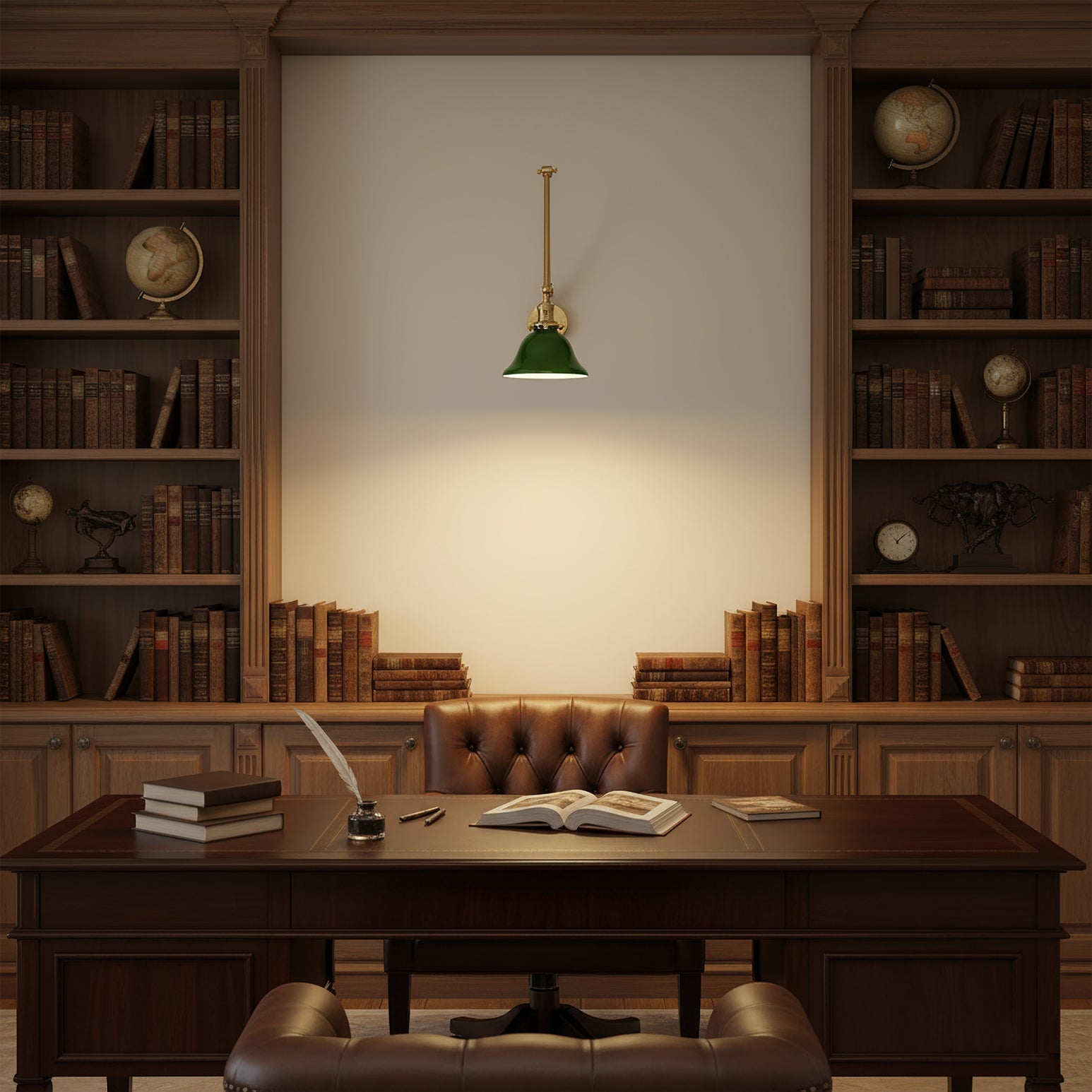 The lamp's arm folded compactly against the wall.