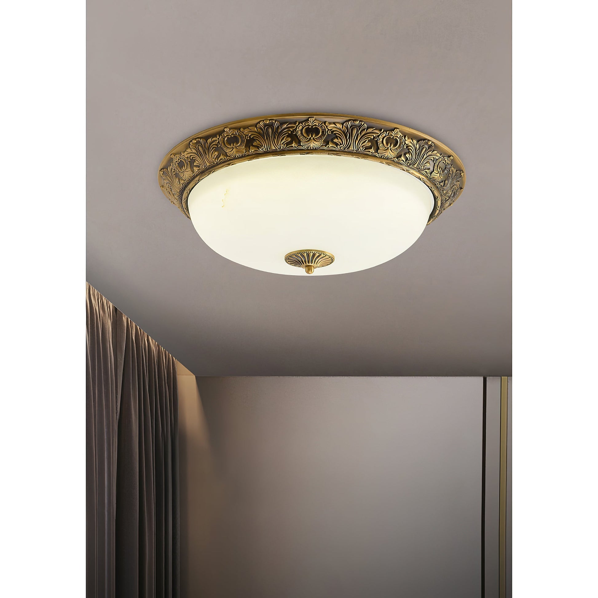 Brahm Flush Ceiling Lamp mounted against a dark ceiling.