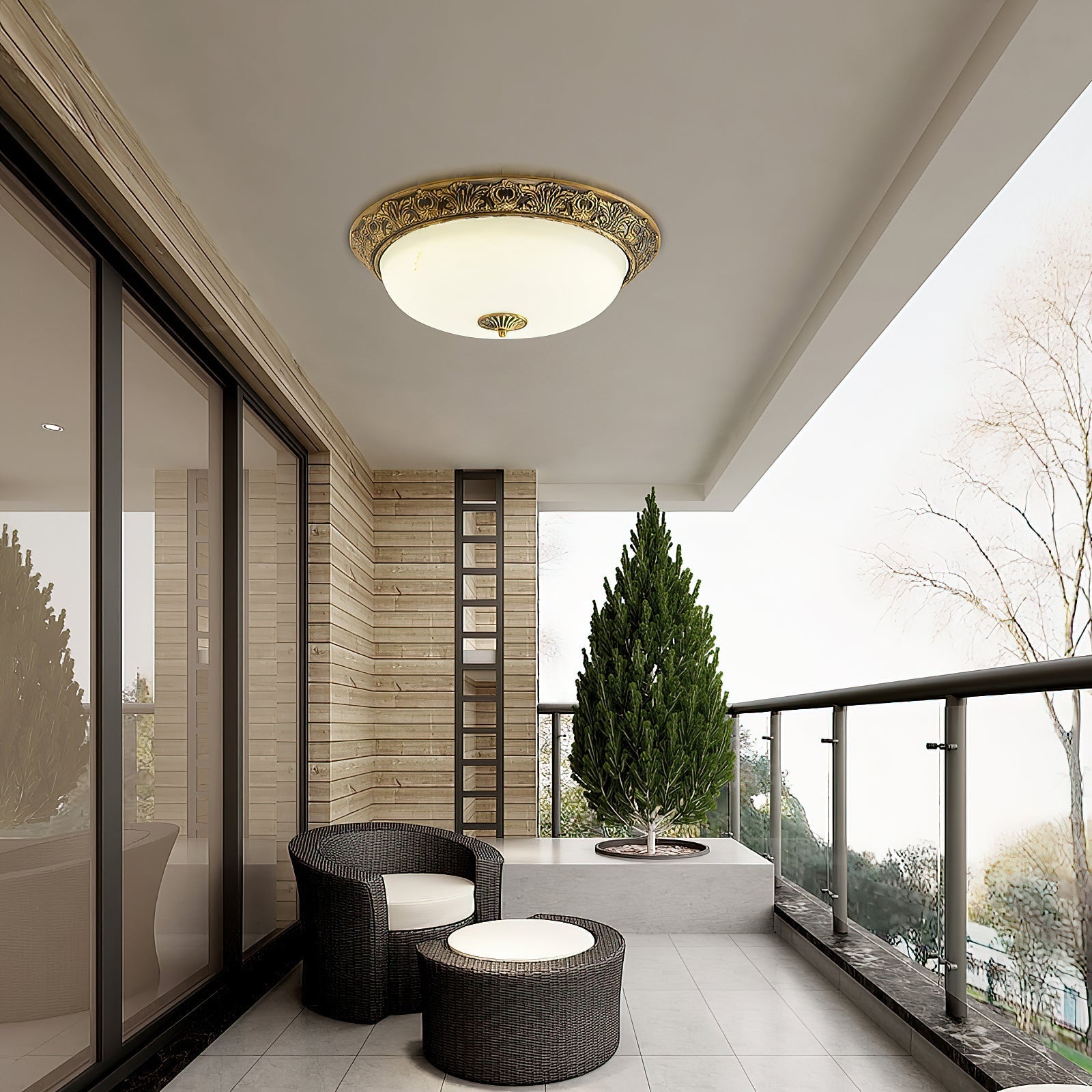 Close-up of the Brahm lamp's gracefully curved glass lampshade.