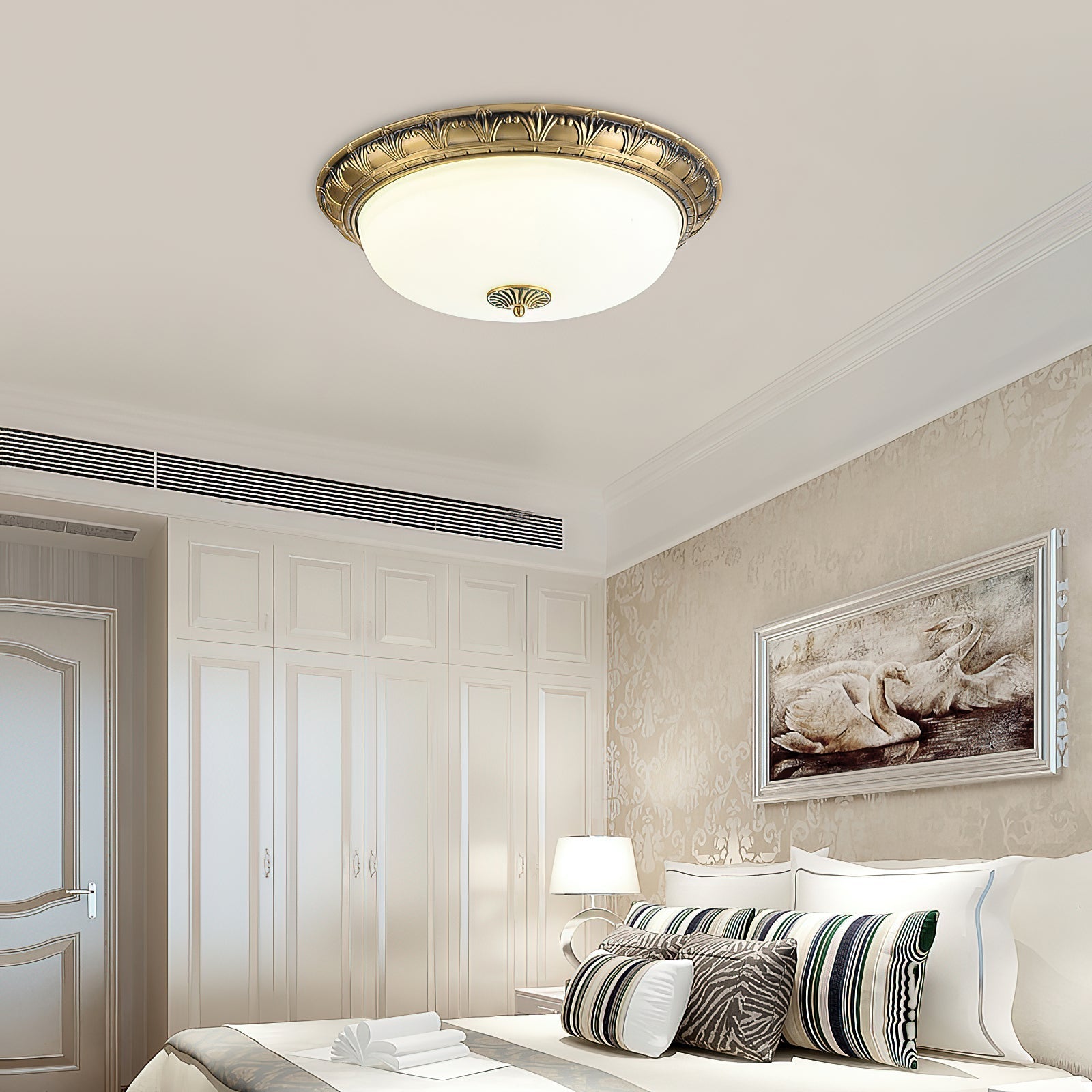 Angled view of the white Brahm lamp, highlighting its sleek design.