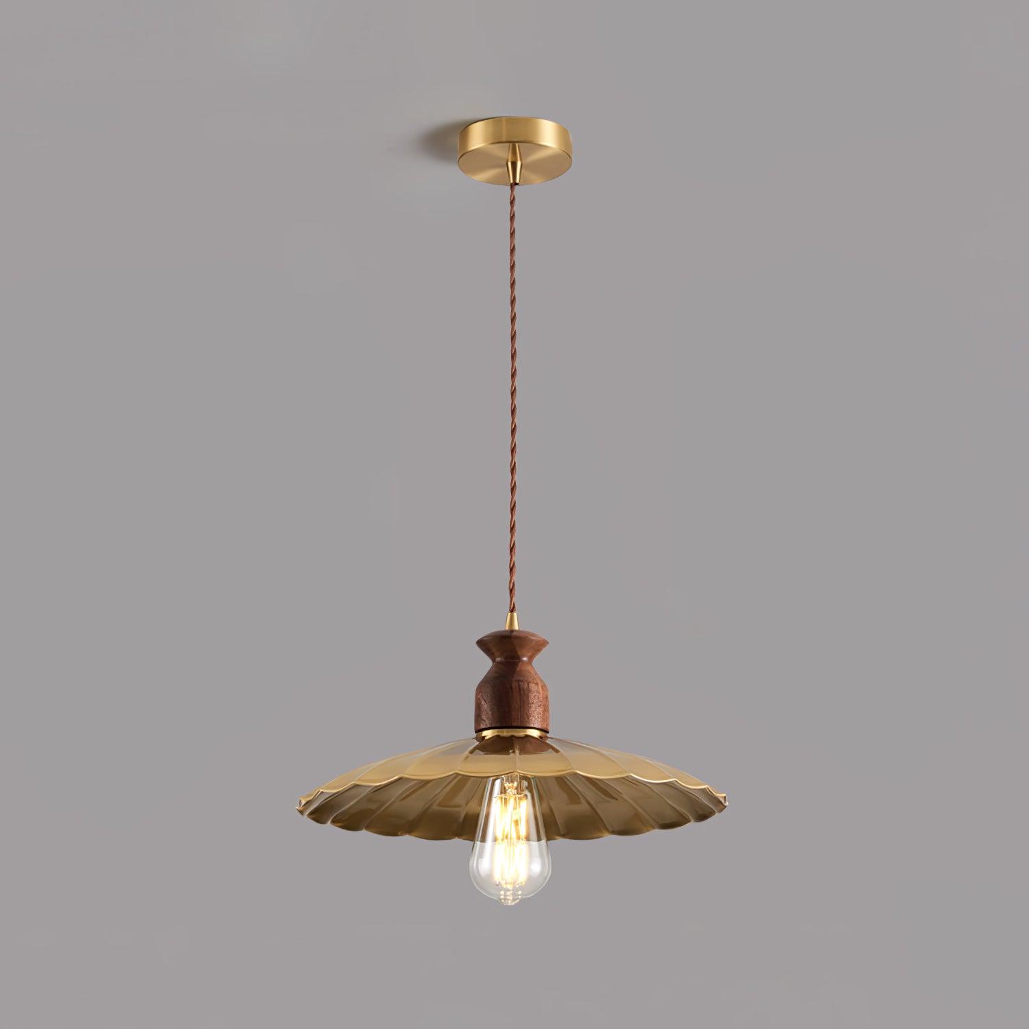 Qior Brass Classic Elegance Crest Wood Pendant Light-Neutral Decor