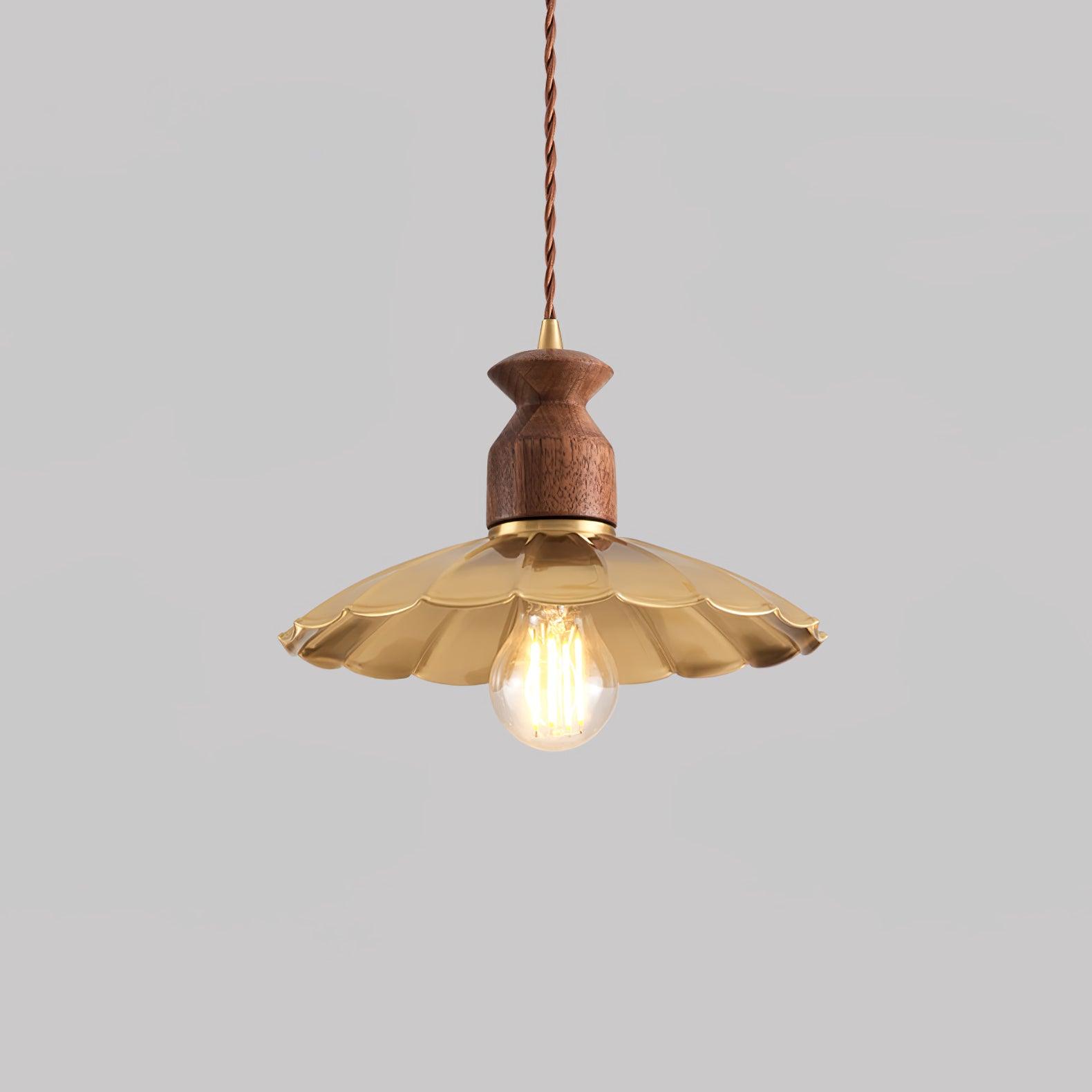 Qior Brass Classic Elegance Crest Wood Pendant Light-Neutral Decor