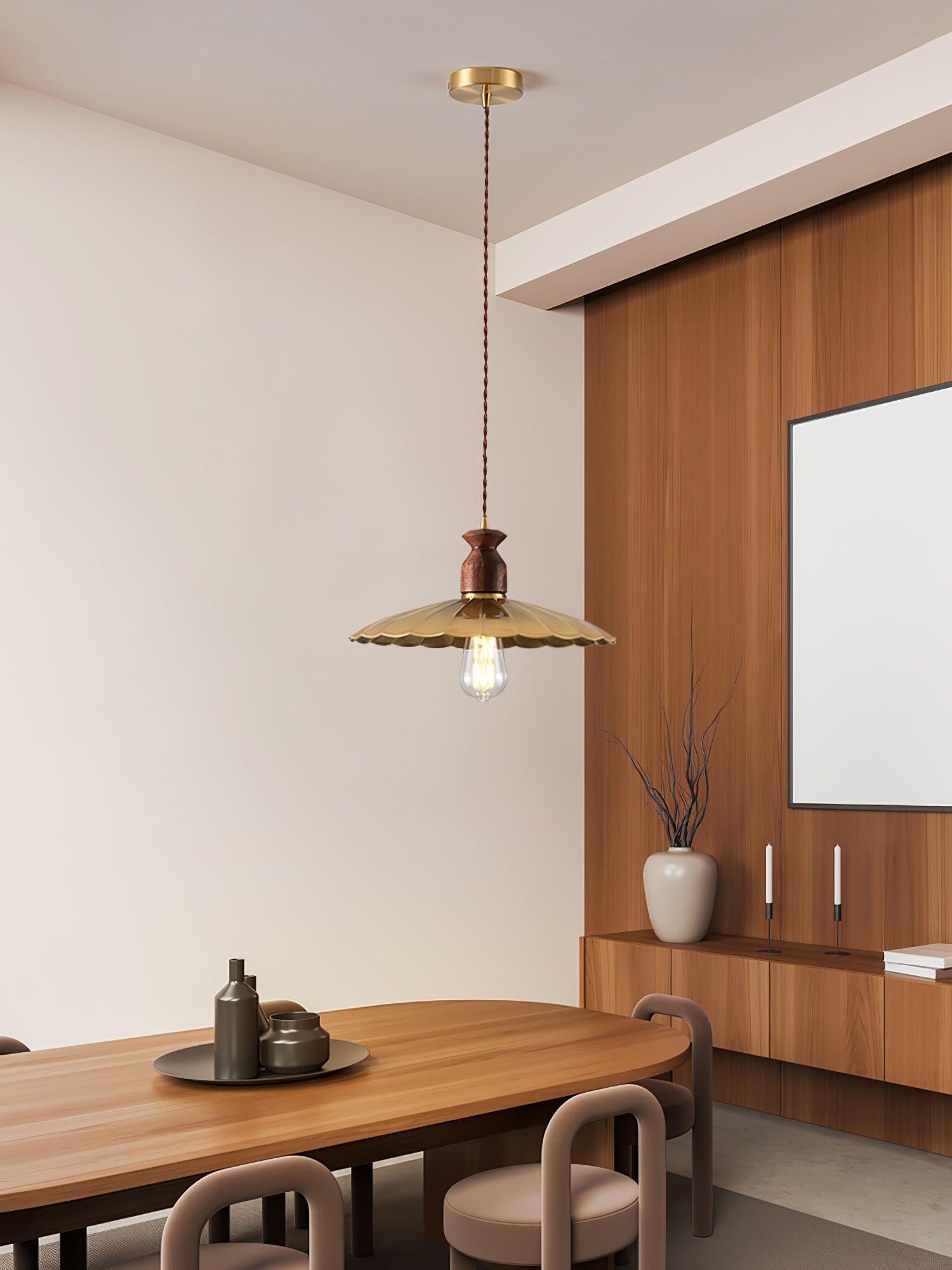 Qior Brass Classic Elegance Crest Wood Pendant Light-Neutral Decor