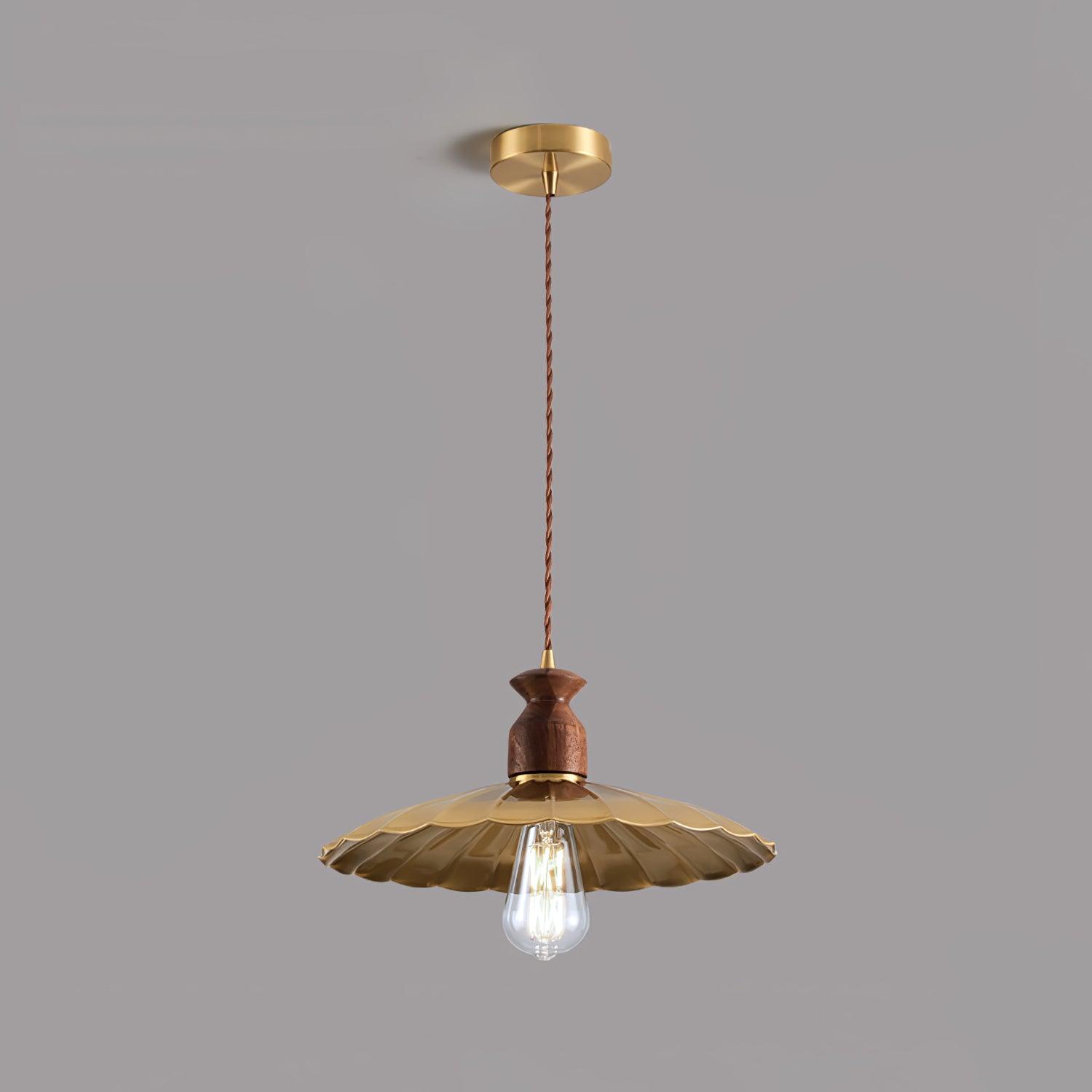 Qior Brass Classic Elegance Crest Wood Pendant Light-Neutral Decor