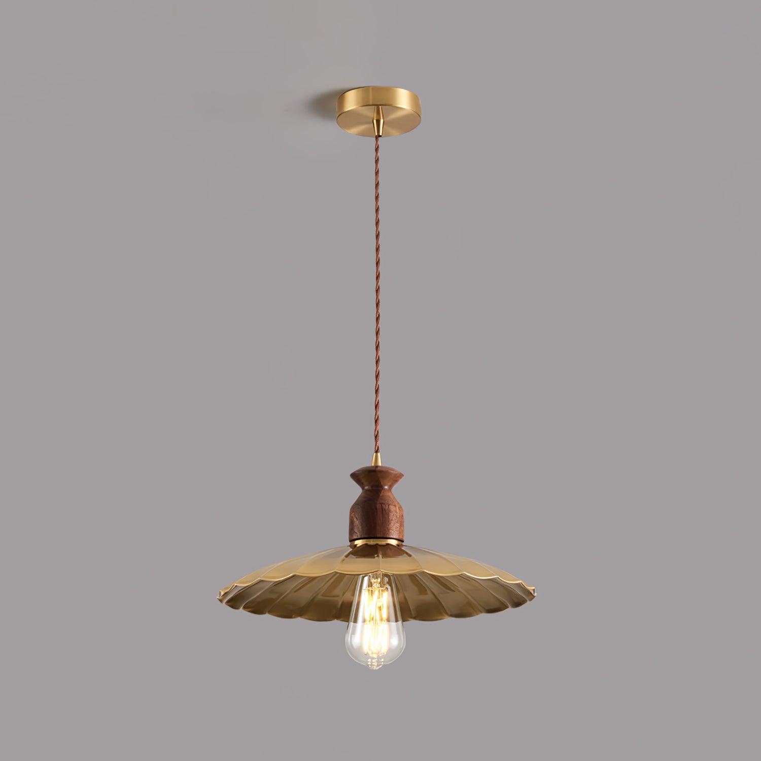 Qior Brass Classic Elegance Crest Wood Pendant Light-Neutral Decor