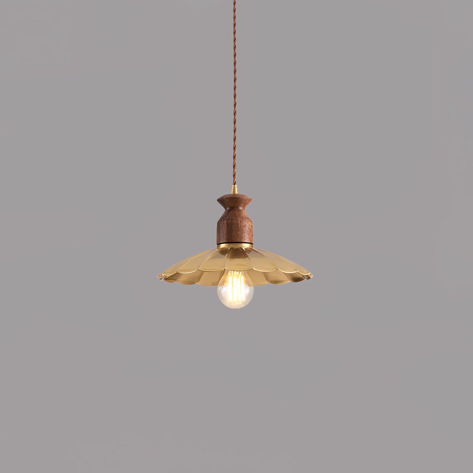 Qior Brass Classic Elegance Crest Wood Pendant Light-Neutral Decor