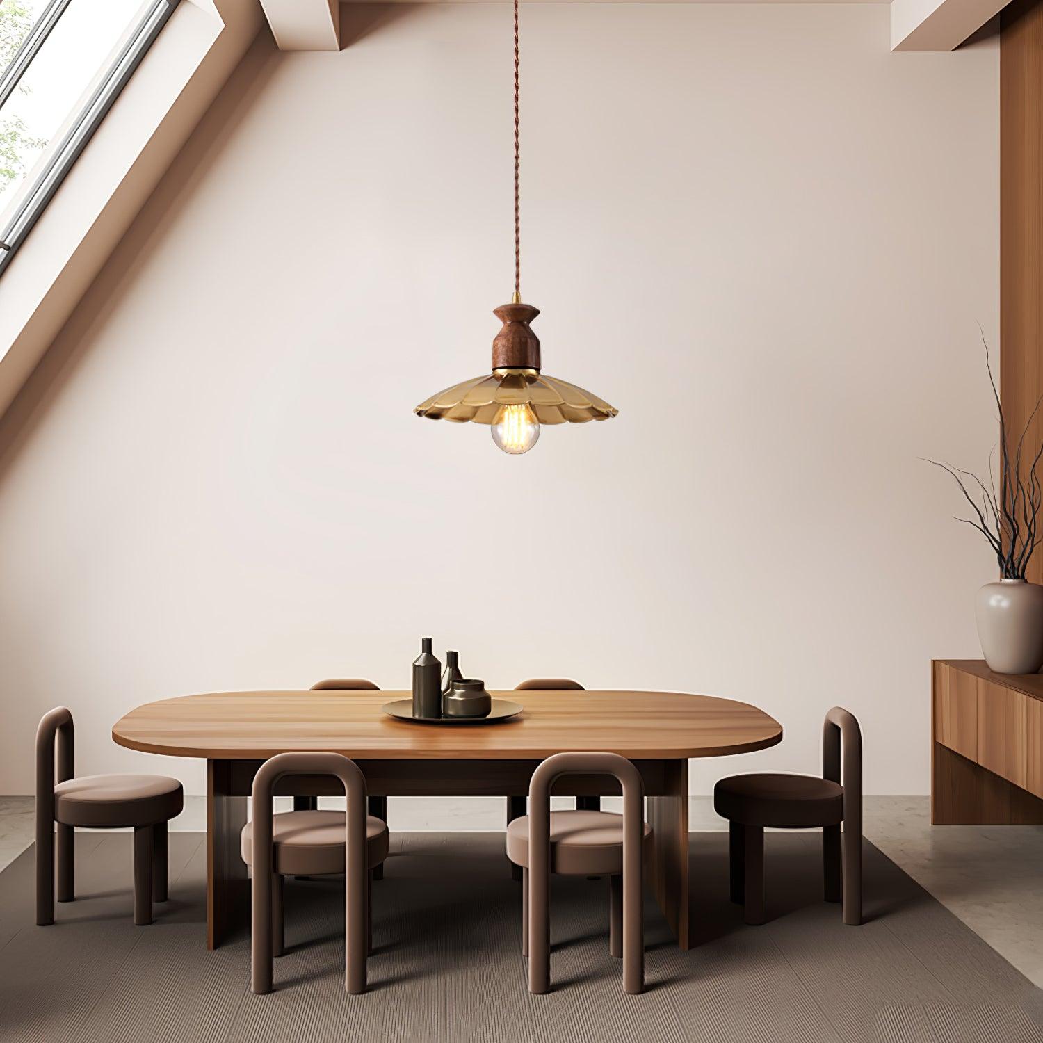 Qior Brass Classic Elegance Crest Wood Pendant Light-Neutral Decor