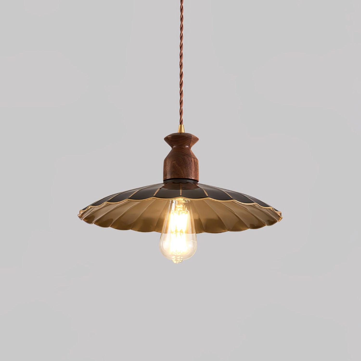 Qior Brass Classic Elegance Crest Wood Pendant Light-Neutral Decor