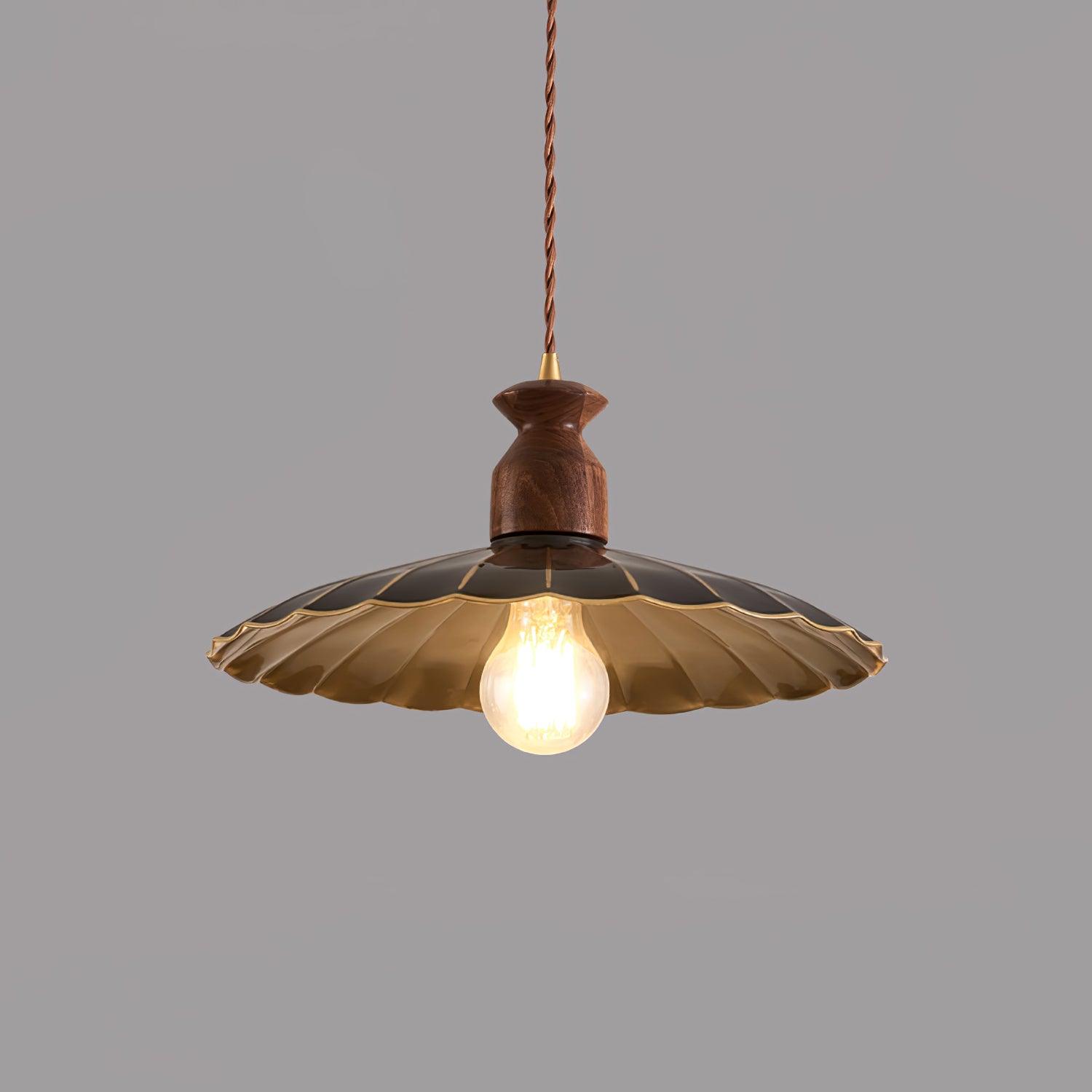 Qior Brass Classic Elegance Crest Wood Pendant Light-Neutral Decor
