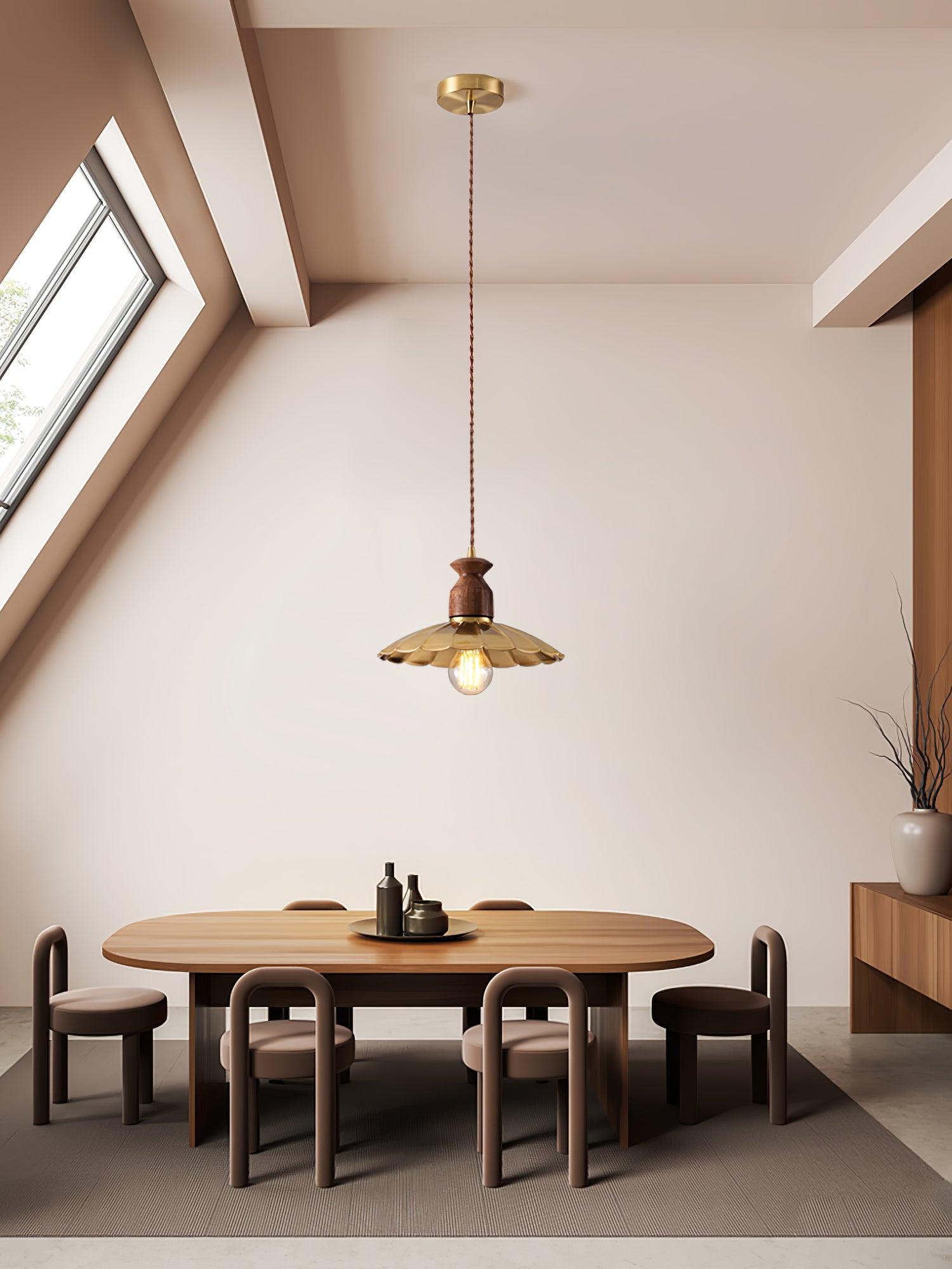 Qior Brass Classic Elegance Crest Wood Pendant Light-Neutral Decor