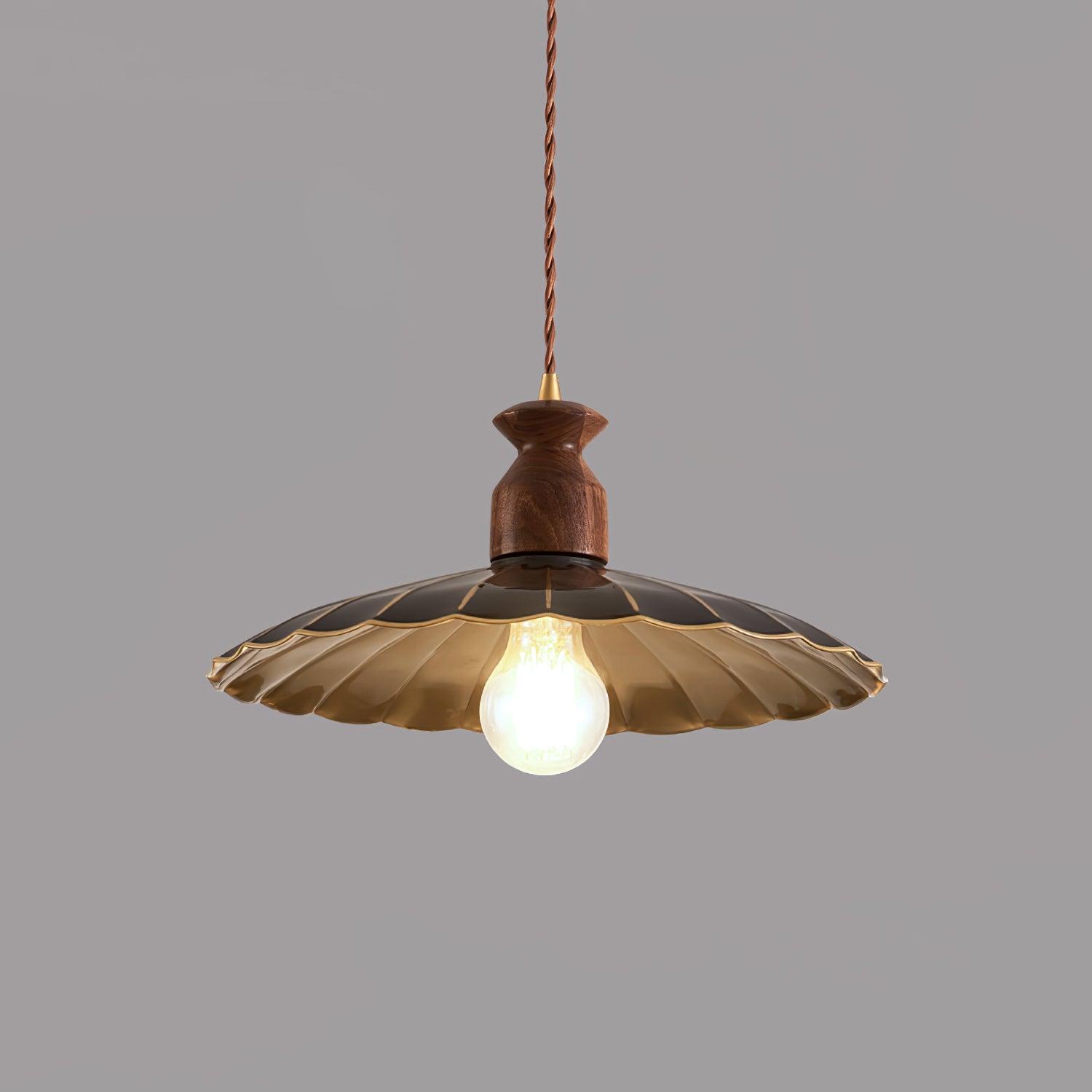 Qior Brass Classic Elegance Crest Wood Pendant Light-Neutral Decor