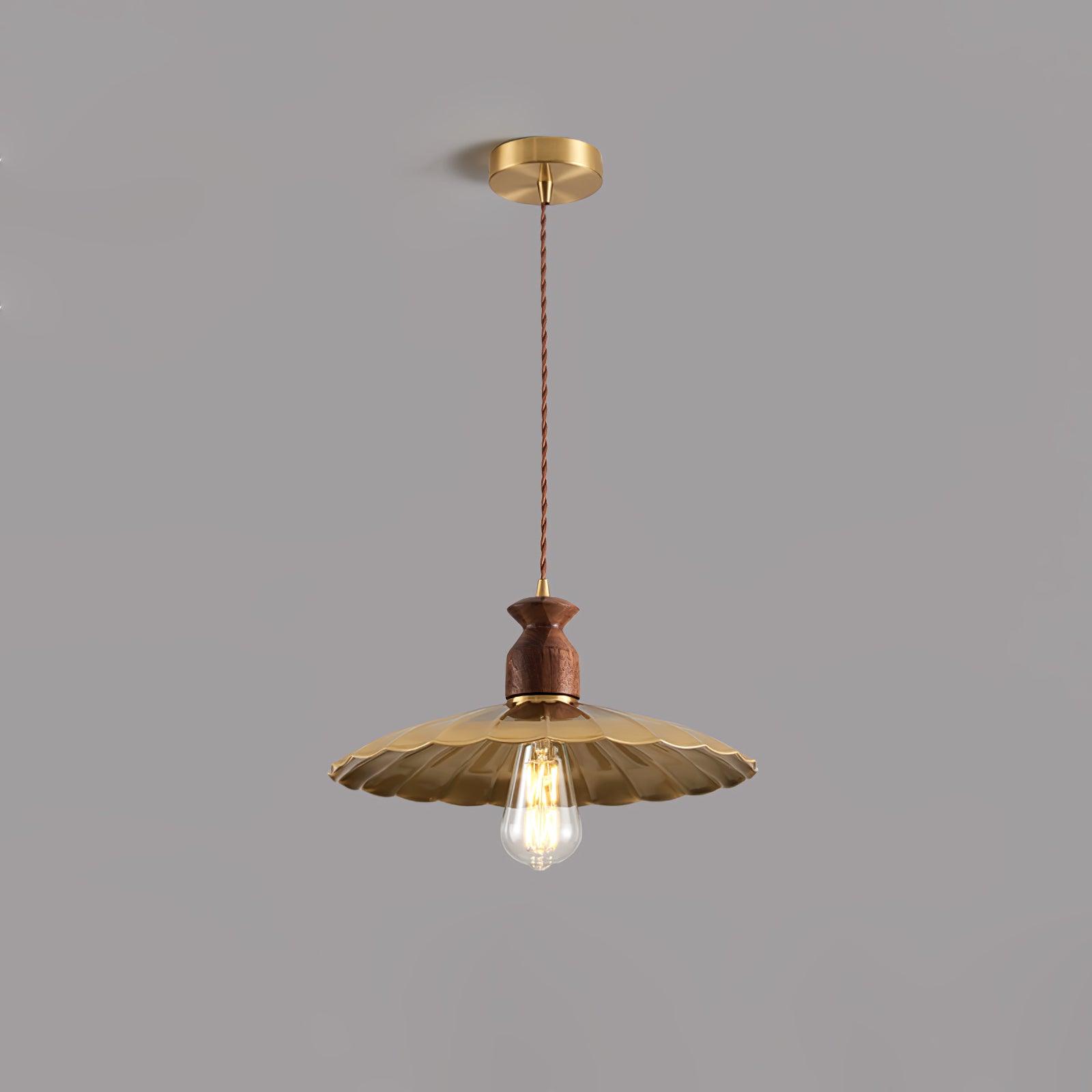 Qior Brass Classic Elegance Crest Wood Pendant Light-Neutral Decor