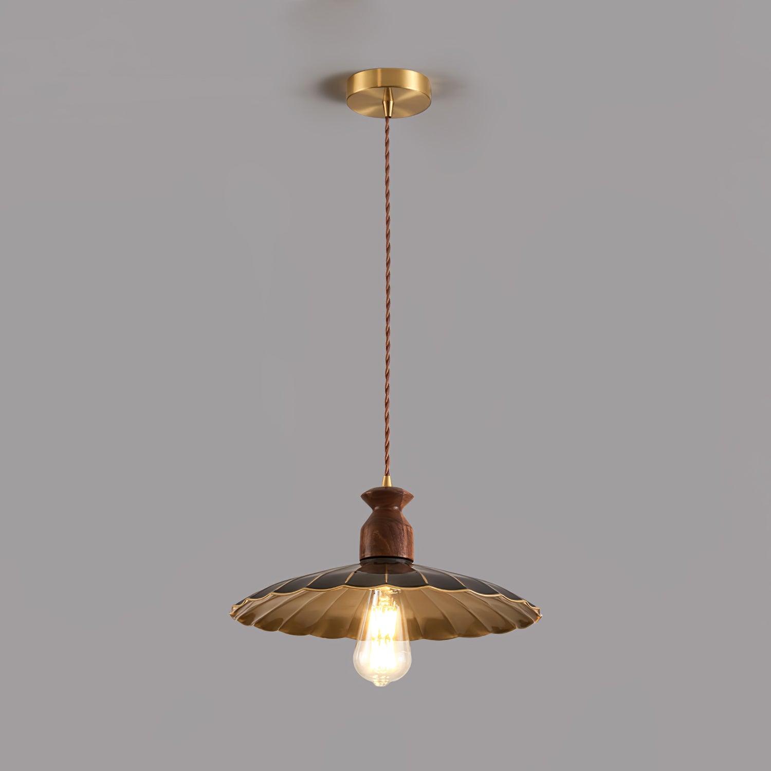 Qior Brass Classic Elegance Crest Wood Pendant Light-Neutral Decor