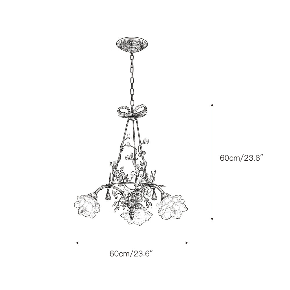 Detail of a delicate, rose-shaped glass shade on the chandelier.