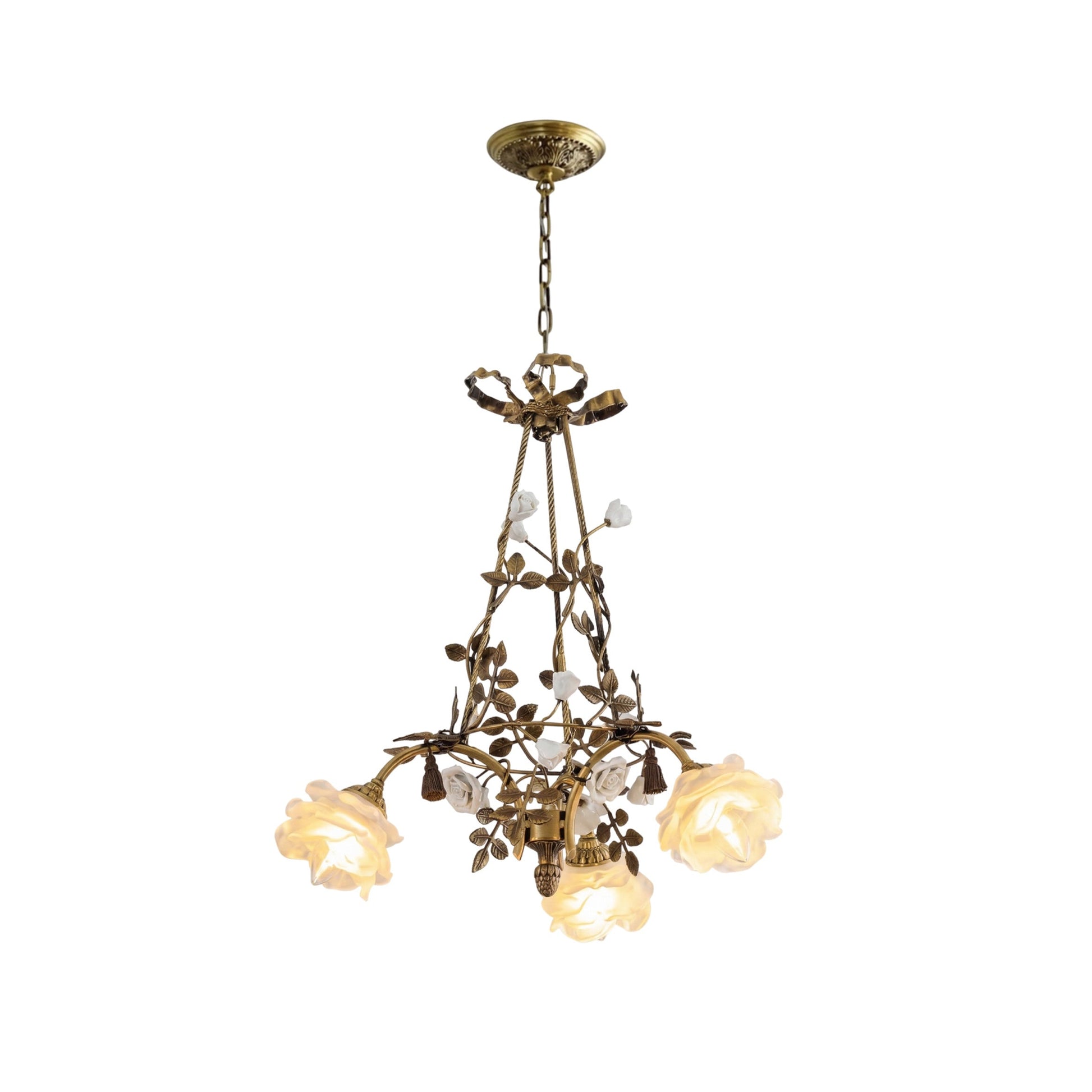 Briar Rose Chandelier with brass vines and glass rose shades.