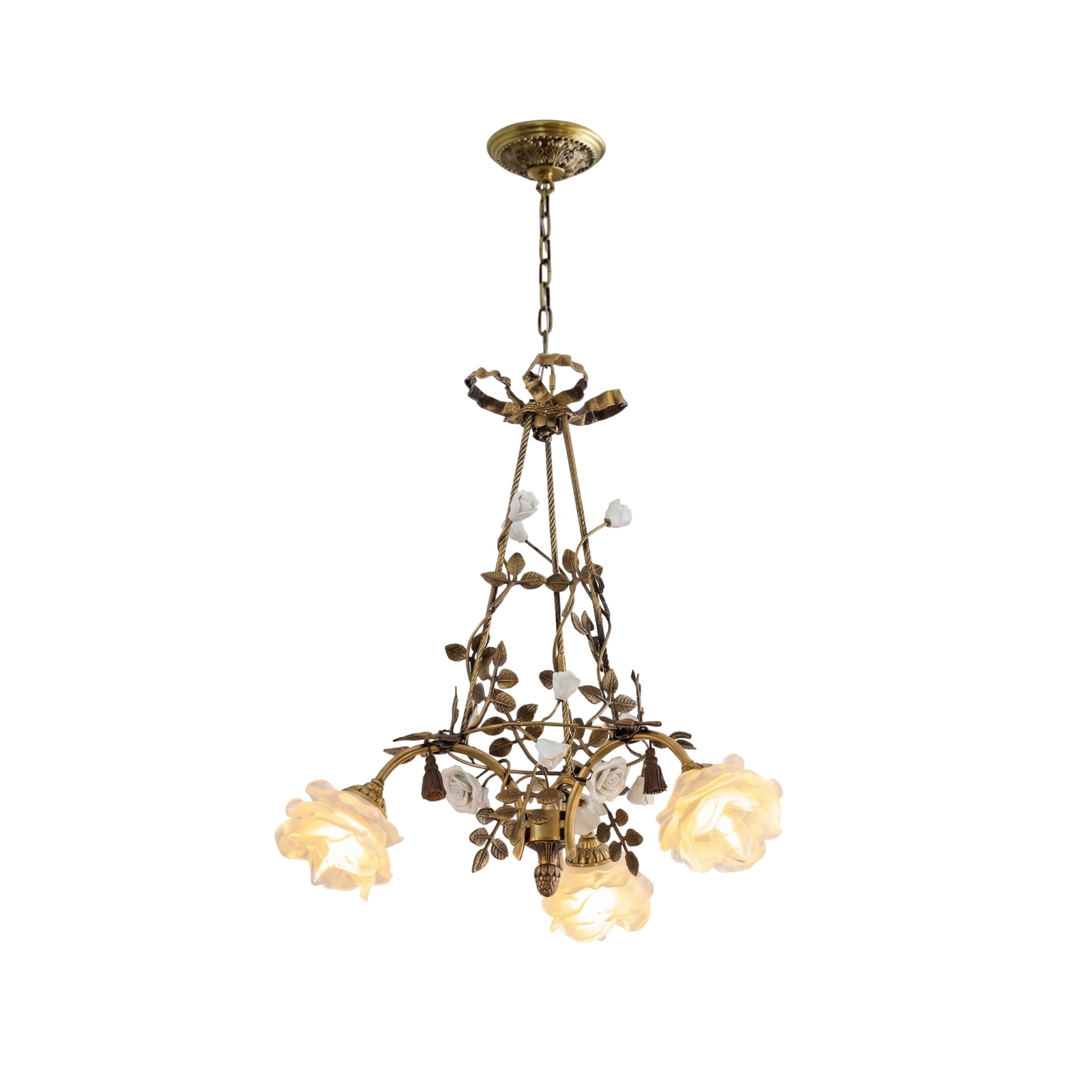 Briar Rose Chandelier with brass vines and glass rose shades.