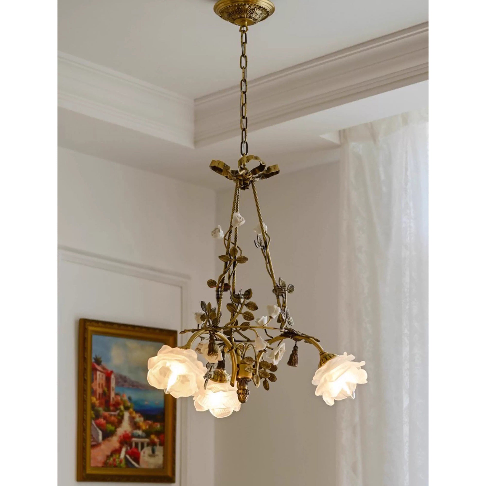 Full view of the 3-head Briar Rose Chandelier against a white background.
