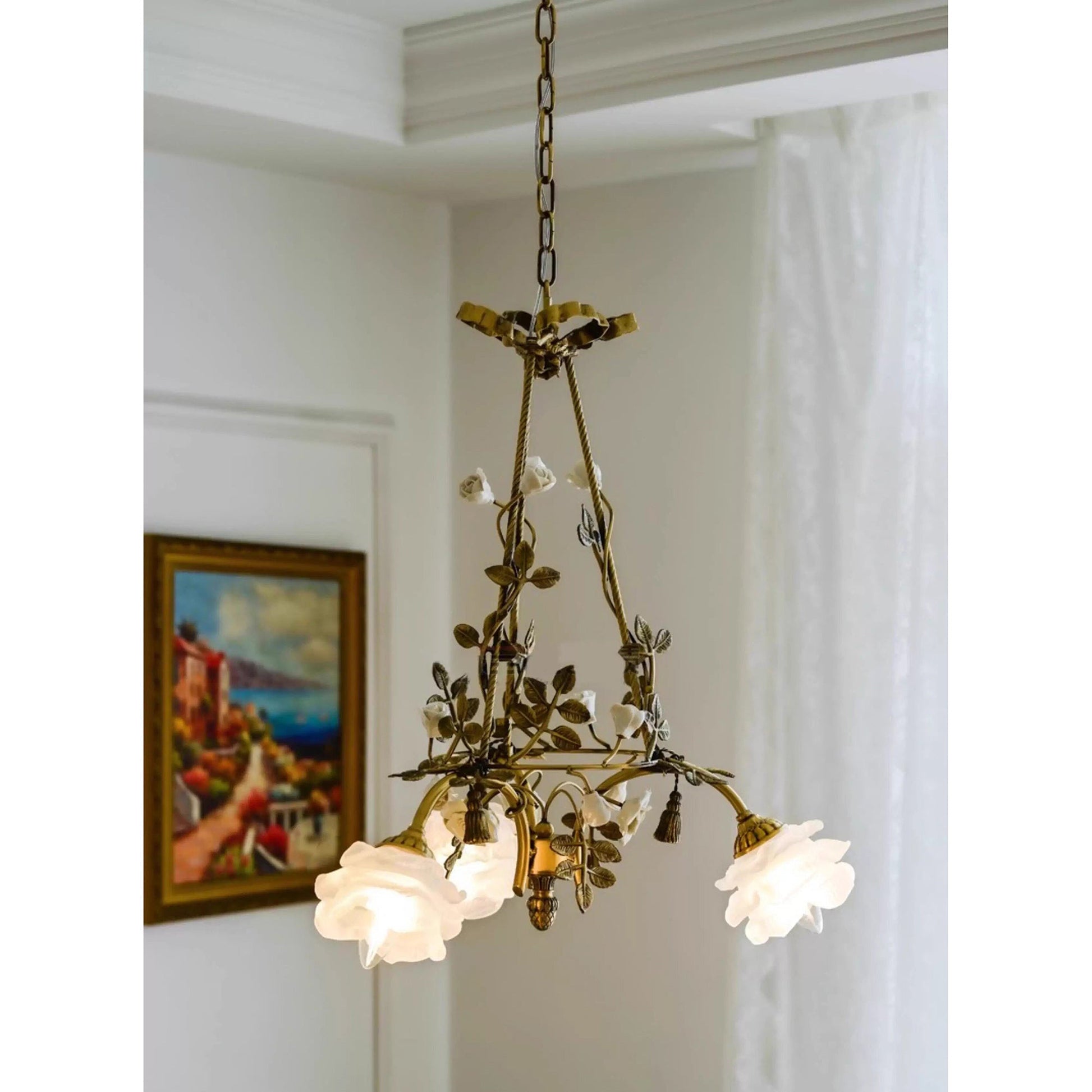 Side view of the Briar Rose Chandelier showing its structure.