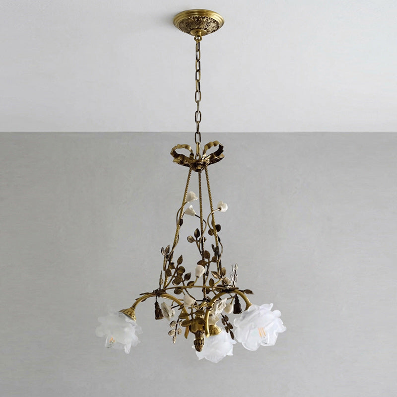 Another angle of the Briar Rose Chandelier in a decorated room.