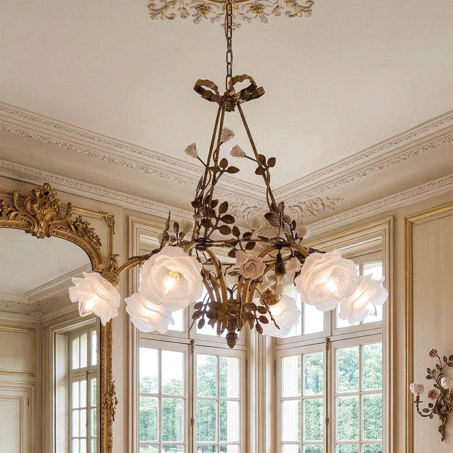 Close-up of the hand-finished brass vines on the Briar Rose Chandelier.