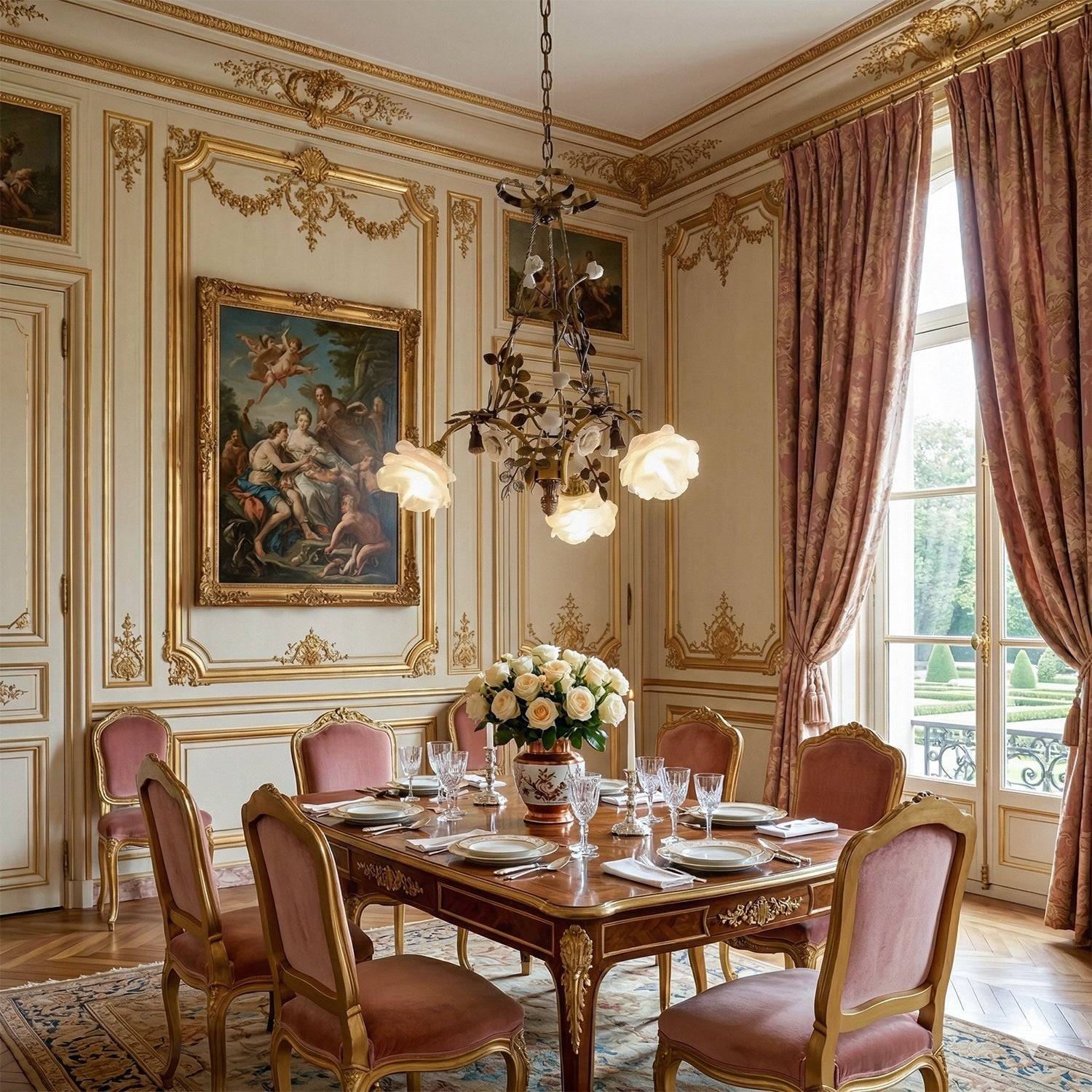 6-head Briar Rose Chandelier hanging in a vintage-style living room.