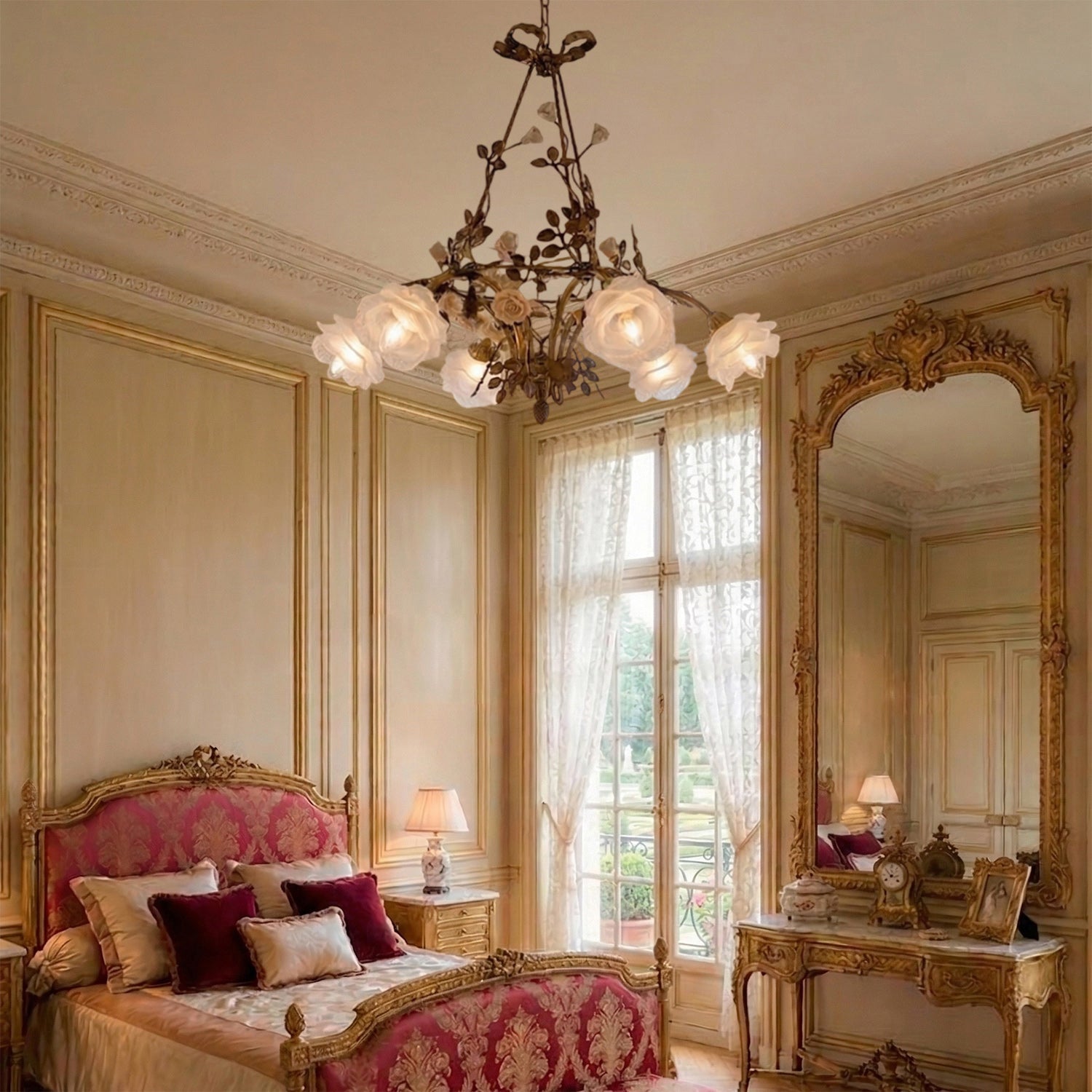 The antique brass finish of the chandelier's body.