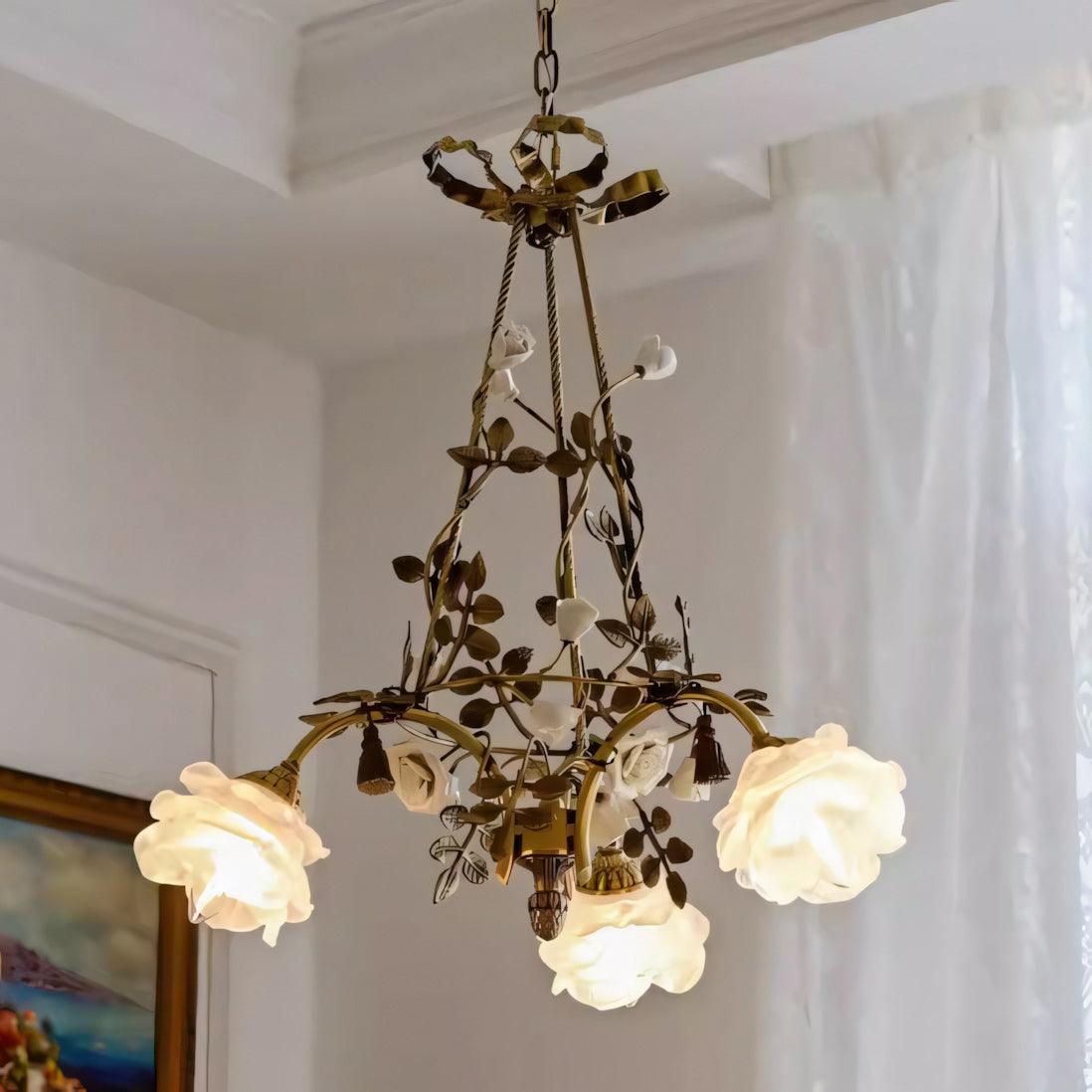 Ceramic flower decoration detail on the Briar Rose Chandelier.