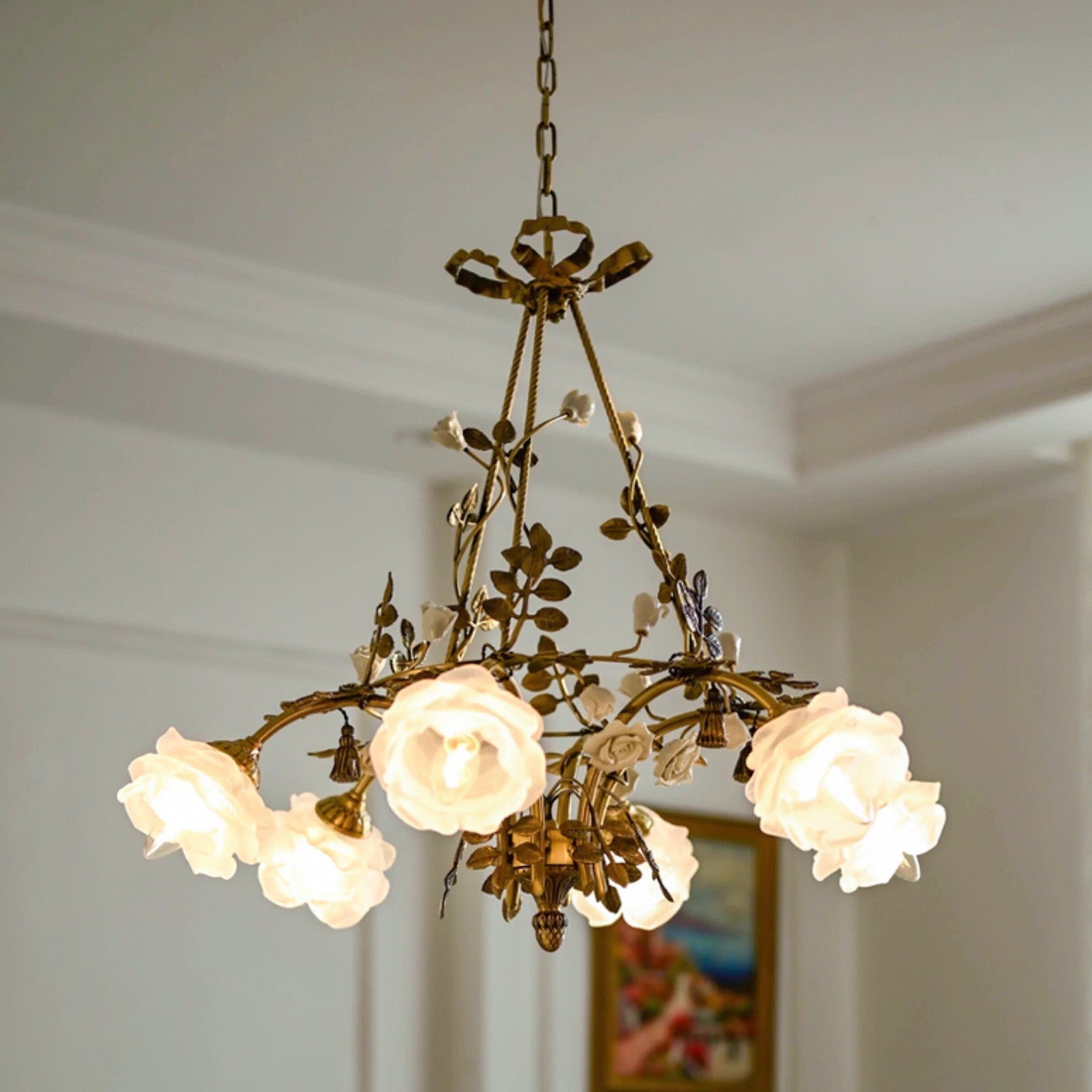 Full view of the 6-head Briar Rose Chandelier against a white background.
