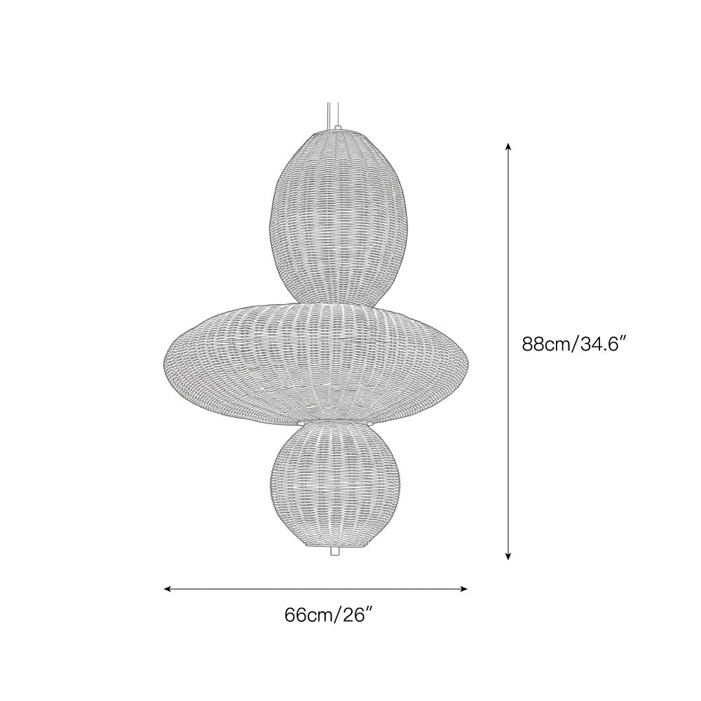 The 5-head Bubbles Rattan Chandelier shown from a side angle.