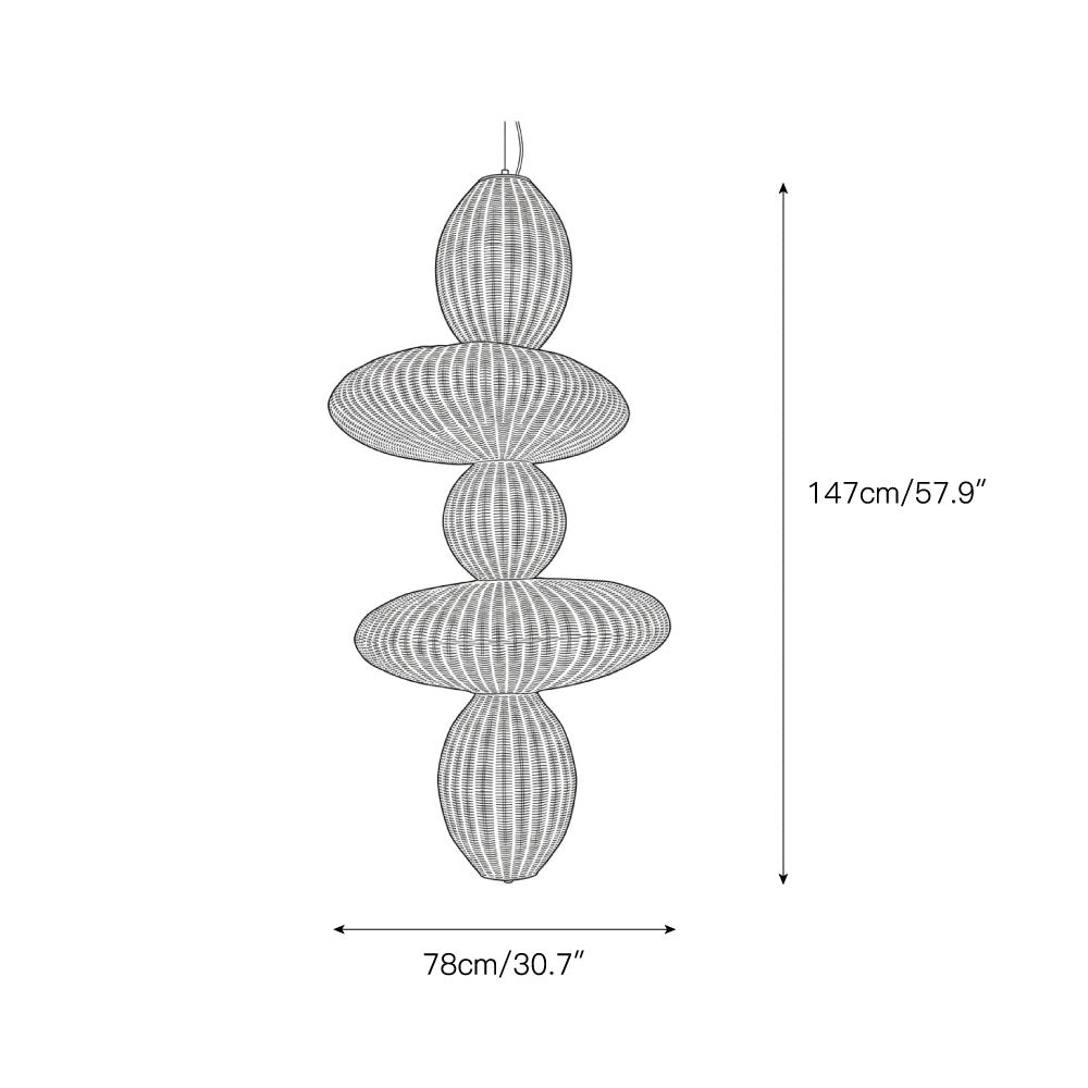 The 9-head Bubbles Rattan Chandelier shown from the front, highlighting its totem-like structure.